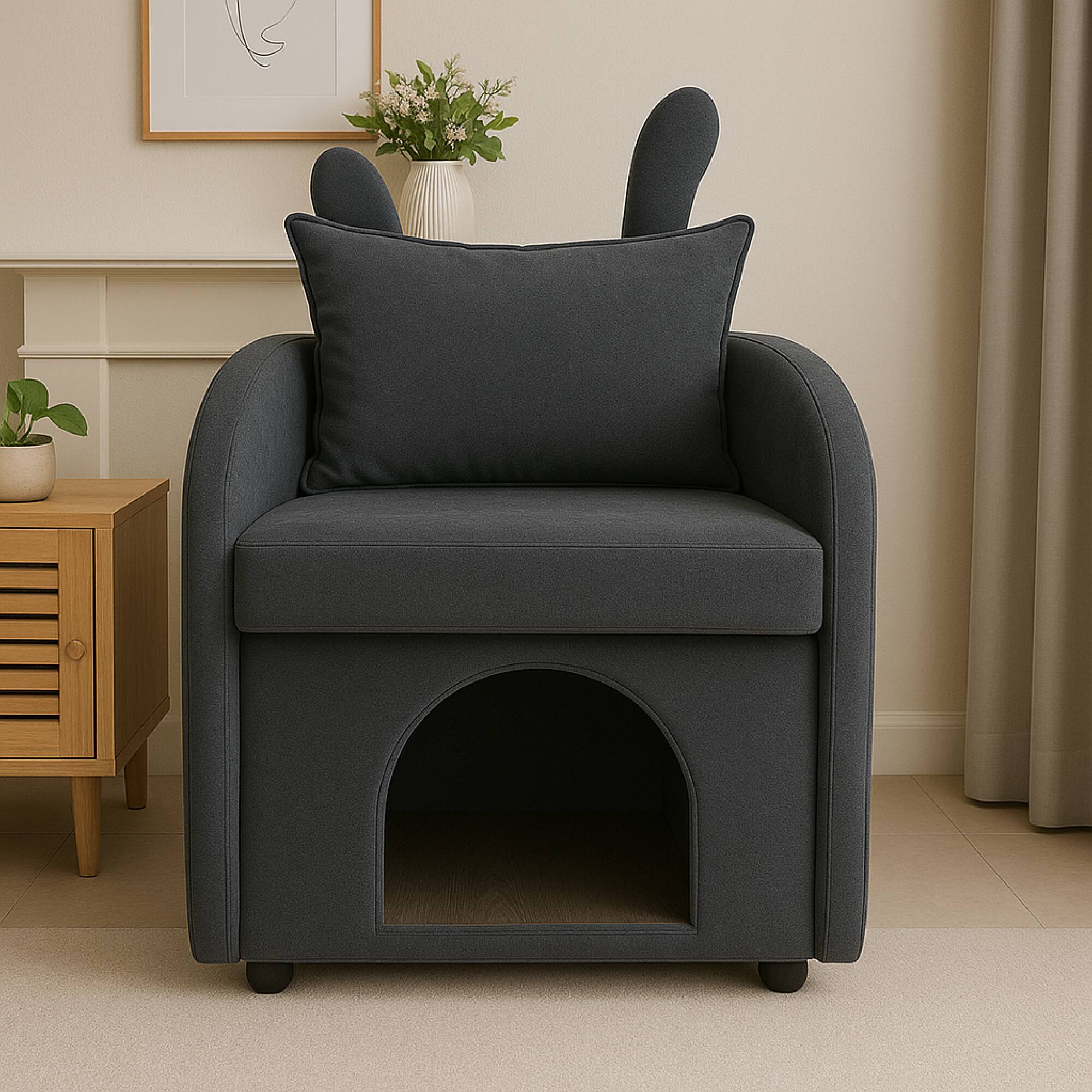 Angle. GOODSILO - Pet-Friendly Bunny-Ear Armchair with Hidden Pet Compartment and Scratch-Resistant Upholstery for Cats and Small Dogs - Dark Gray.