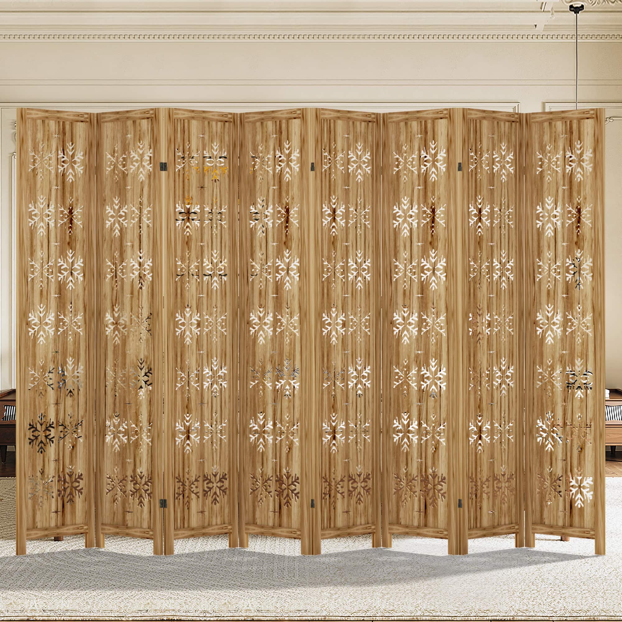 PexFix - Room Divider, 8-Panel Freestanding Wood Screen, Snow Pattern, 67 in. H Folding Privacy Screen for Office, Bedroom - Natural