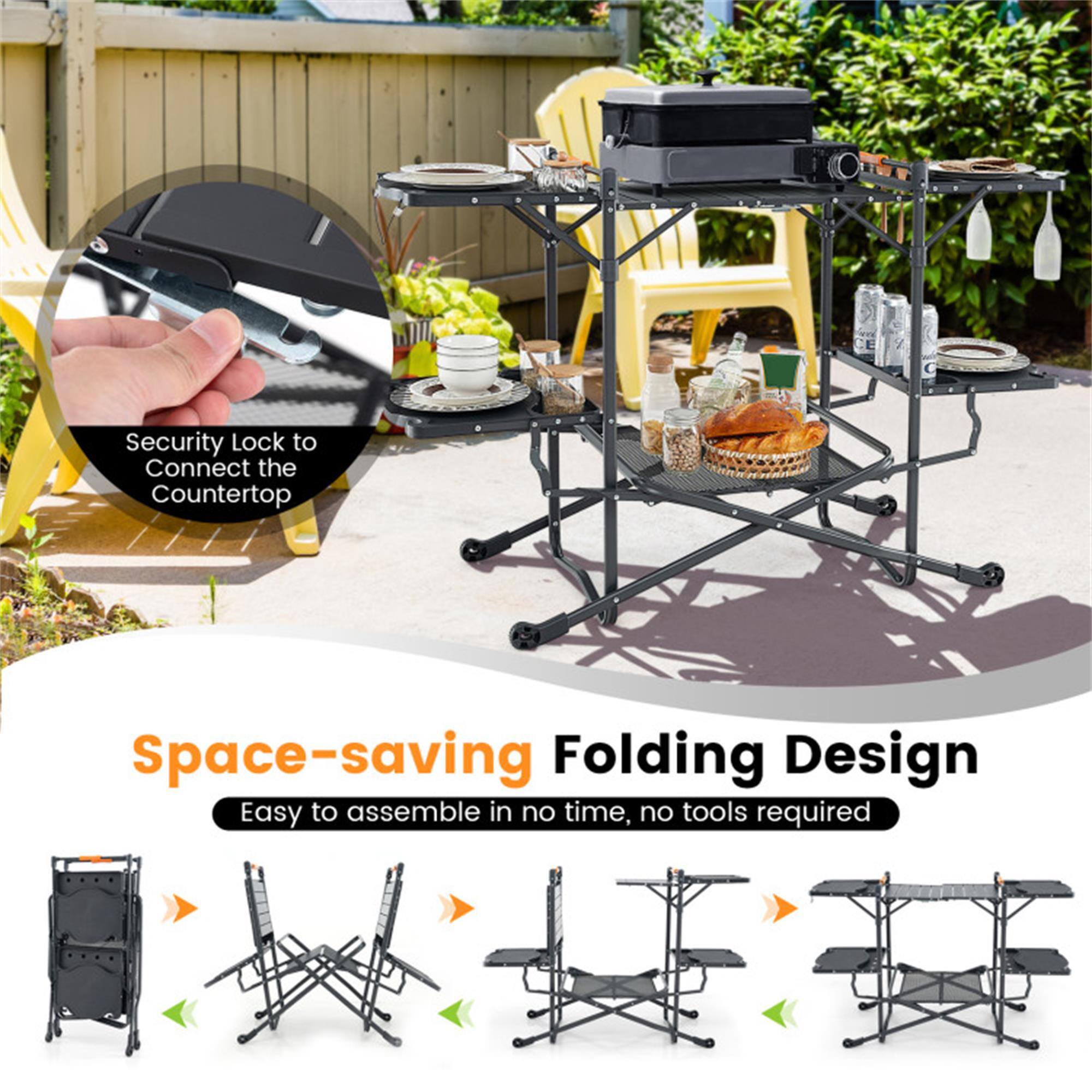 Security Lock to Connect the Countertop

Space-saving Folding Design

Easy to assemble in no time, no tools required