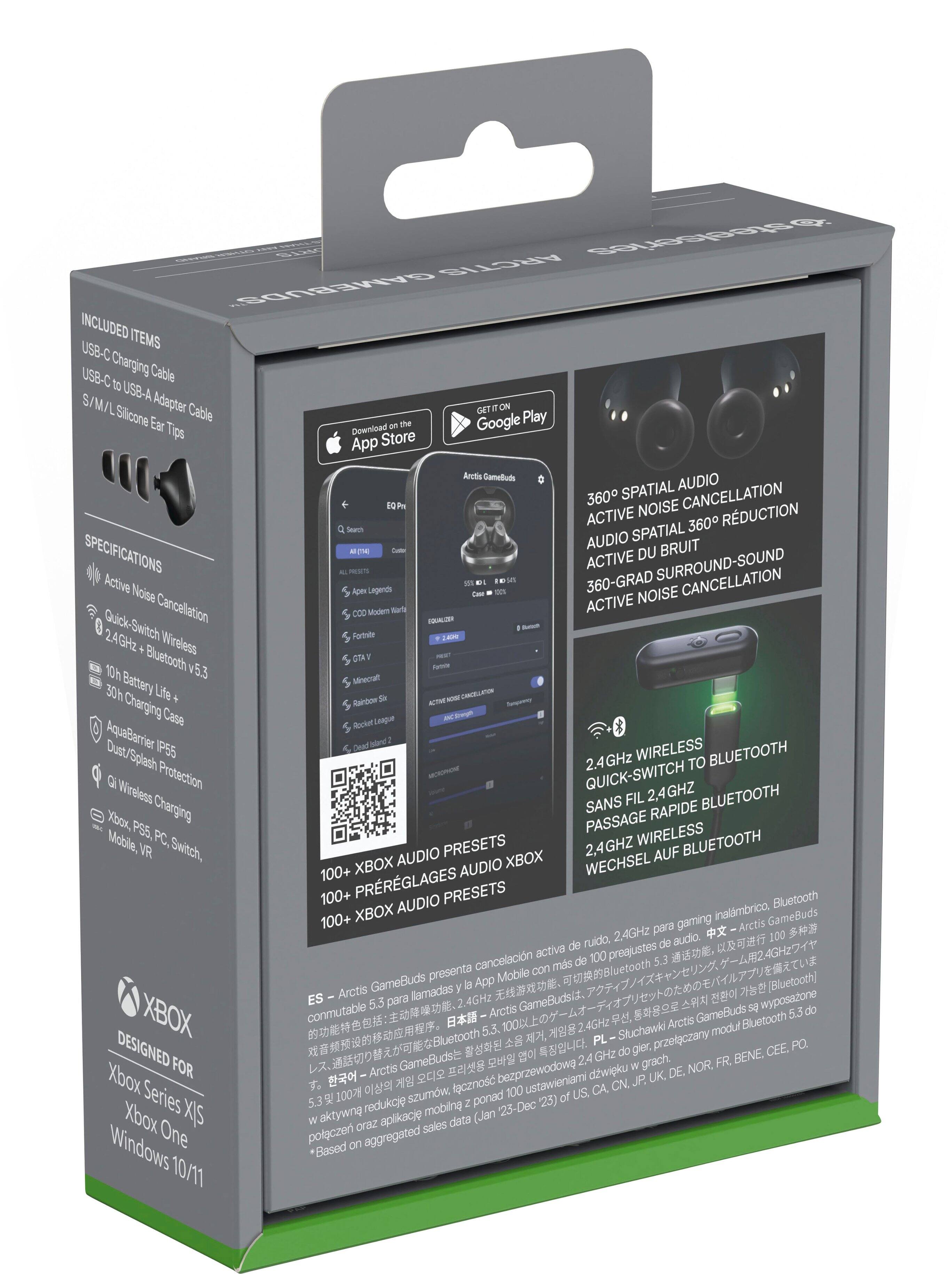 The box contains a pair of wireless headphones with spatial audio and noise cancellation features. The headphones are designed for Xbox Series X and Windows 10/7, and they are compatible with Google Play and the App Store. The headphones have a 24GHz wireless Bluetooth connection and a quick-switch feature. They also come with 100+ Xbox audio presets and 100+ pre-regulated presets for an immersive listening experience. The headphones have a 360-degree sound and noise cancellation, making them ideal for gaming and other audio-intensive activities.