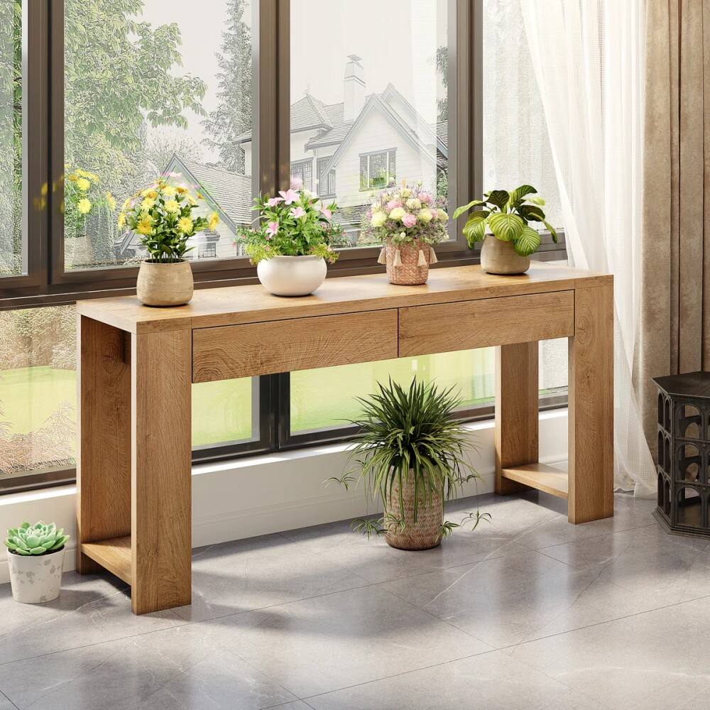 Alt View 6. Furnulem - 60 Inch Light Oak Console Table with 2 Drawers and Side Shelves Farmhouse Entryway Sofa Table - Brown.