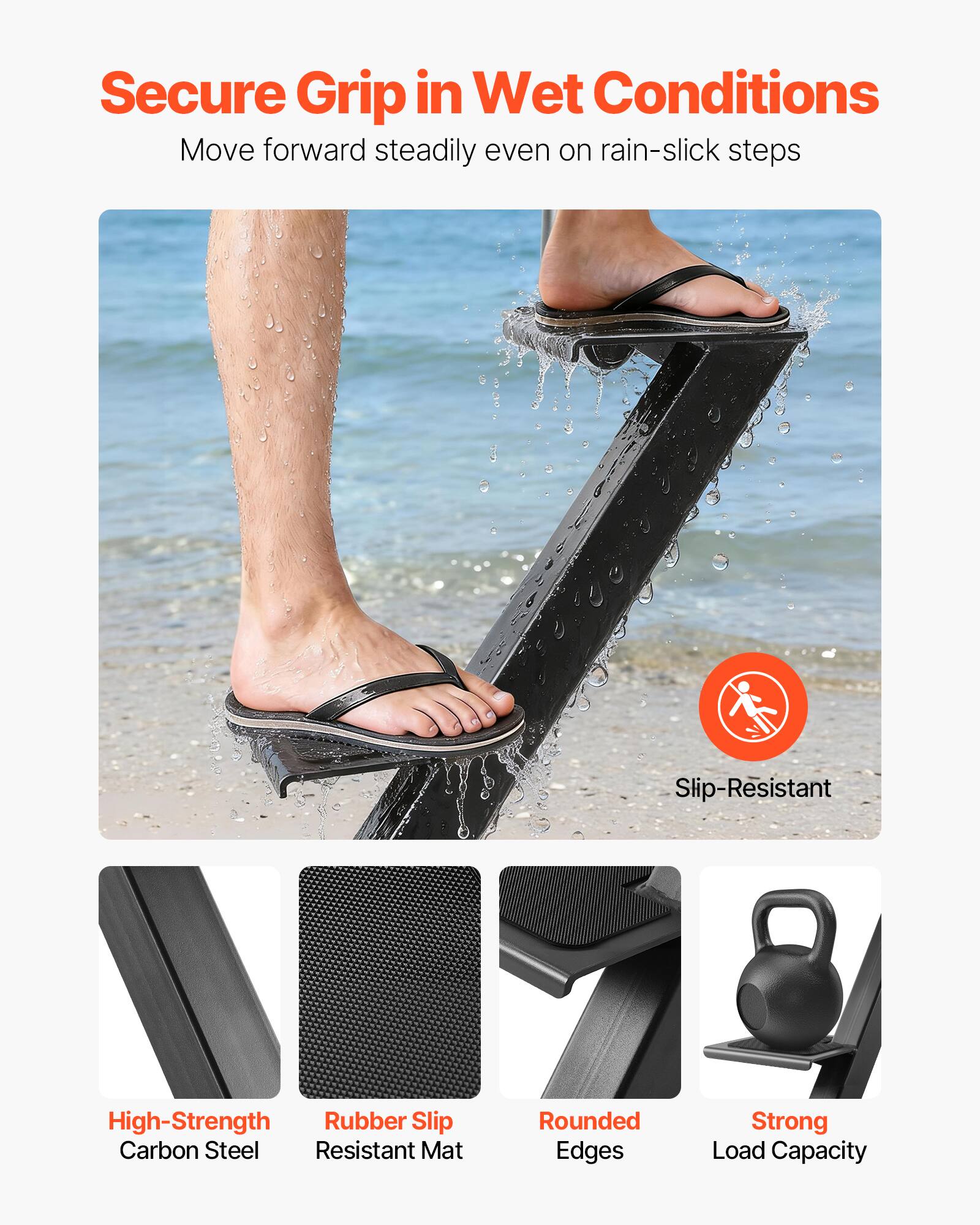 Secure Grip in Wet Conditions  
Move forward steadily even on rain-slick steps  

- Slip-Resistant  
- High-Strength Carbon Steel  
- Rubber Slip Resistant Mat  
- Rounded Edges  
- Strong Load Capacity
