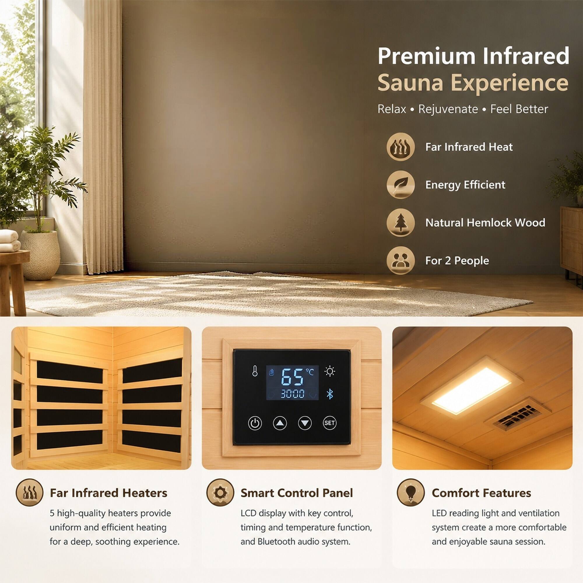 RYHNUYNE Hemlock Two Person Far Infrared Sauna, Roof Embedded Indoor ...