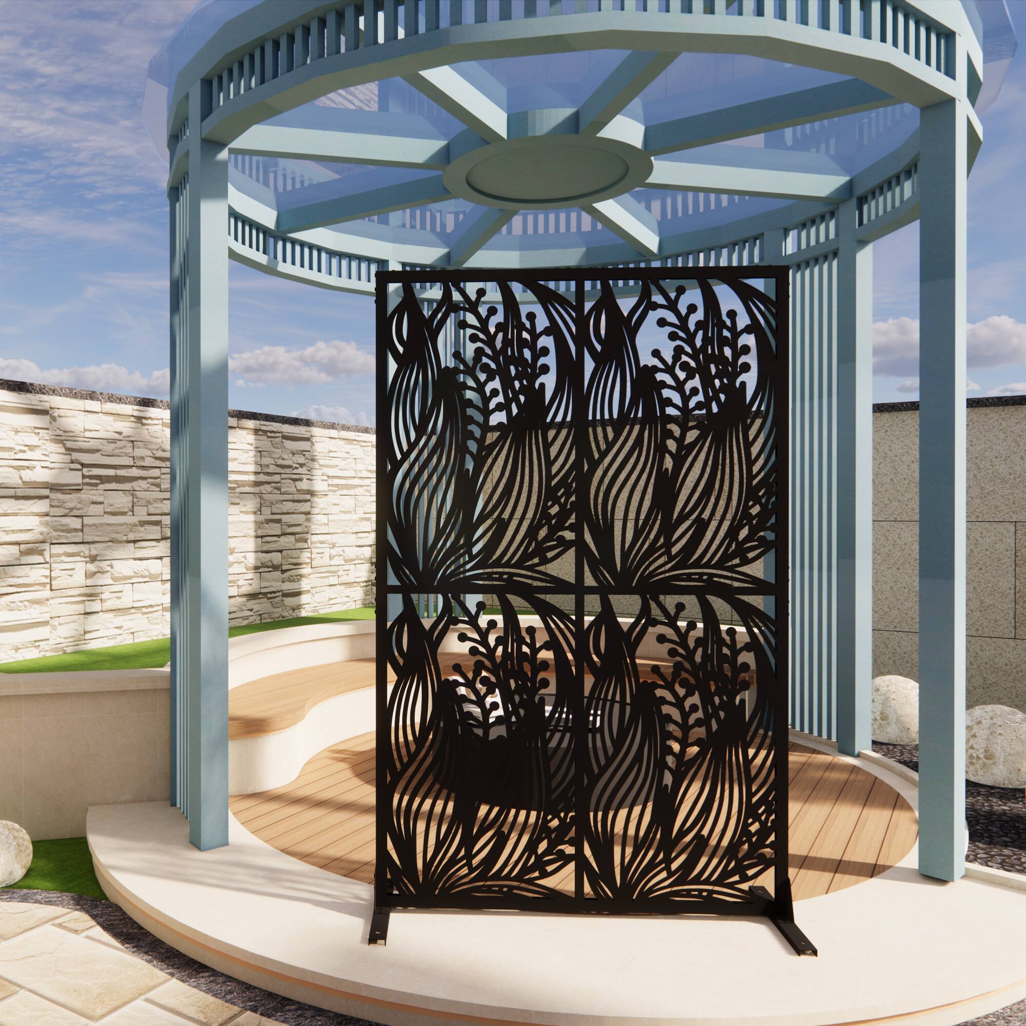 Back. COWLOWN - Metal Privacy Screen 3.8ft W x 6ft H Freestanding Outdoor and Indoor Divider for Patio Balcony Black Leaf Design - Black.