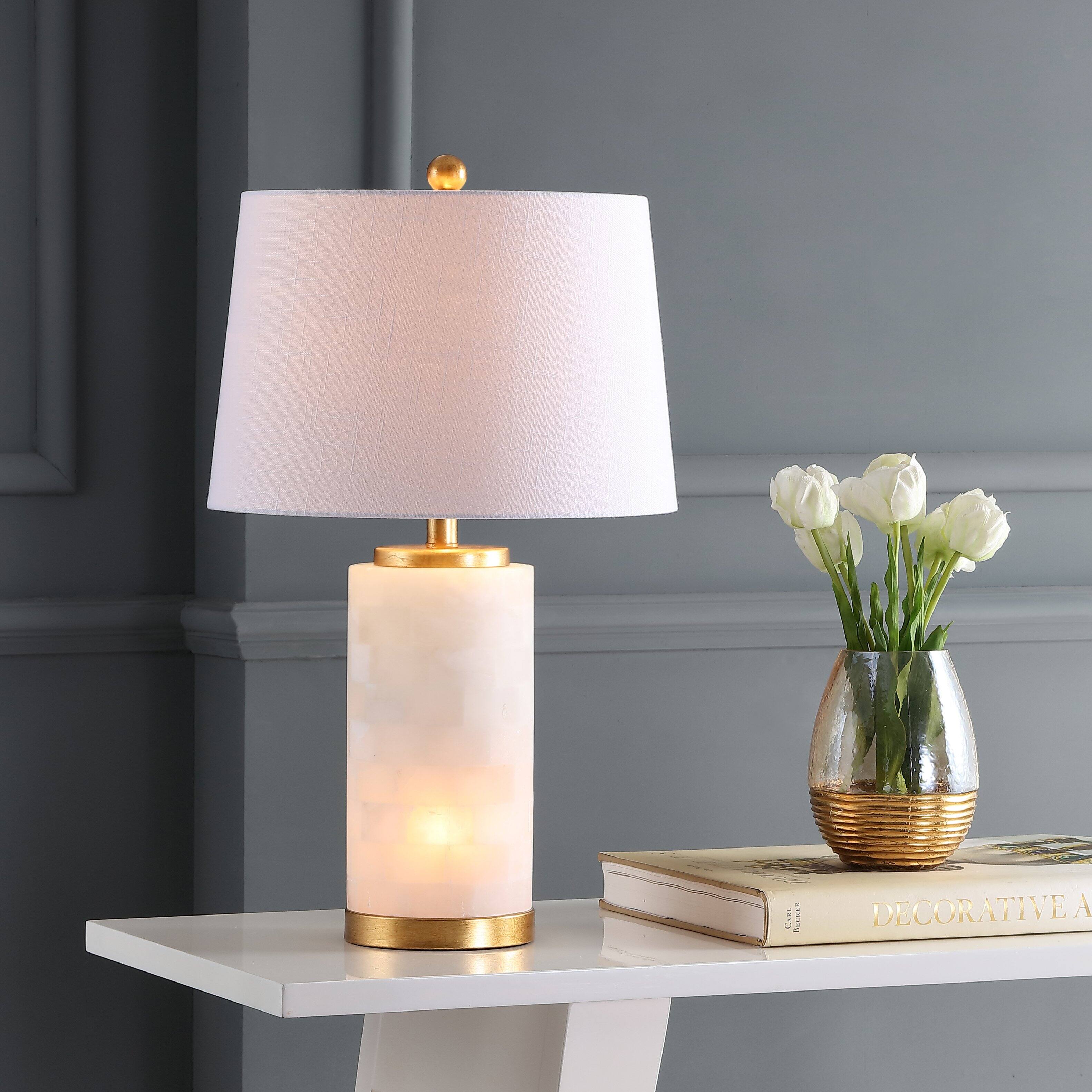 Alt View 1. Jonathan Y - Eliza 25.5" Contemporary Modern Alabaster Column LED Table Lamp with Nightlight Base, White/Gold Leaf - White/Gold Leaf.
