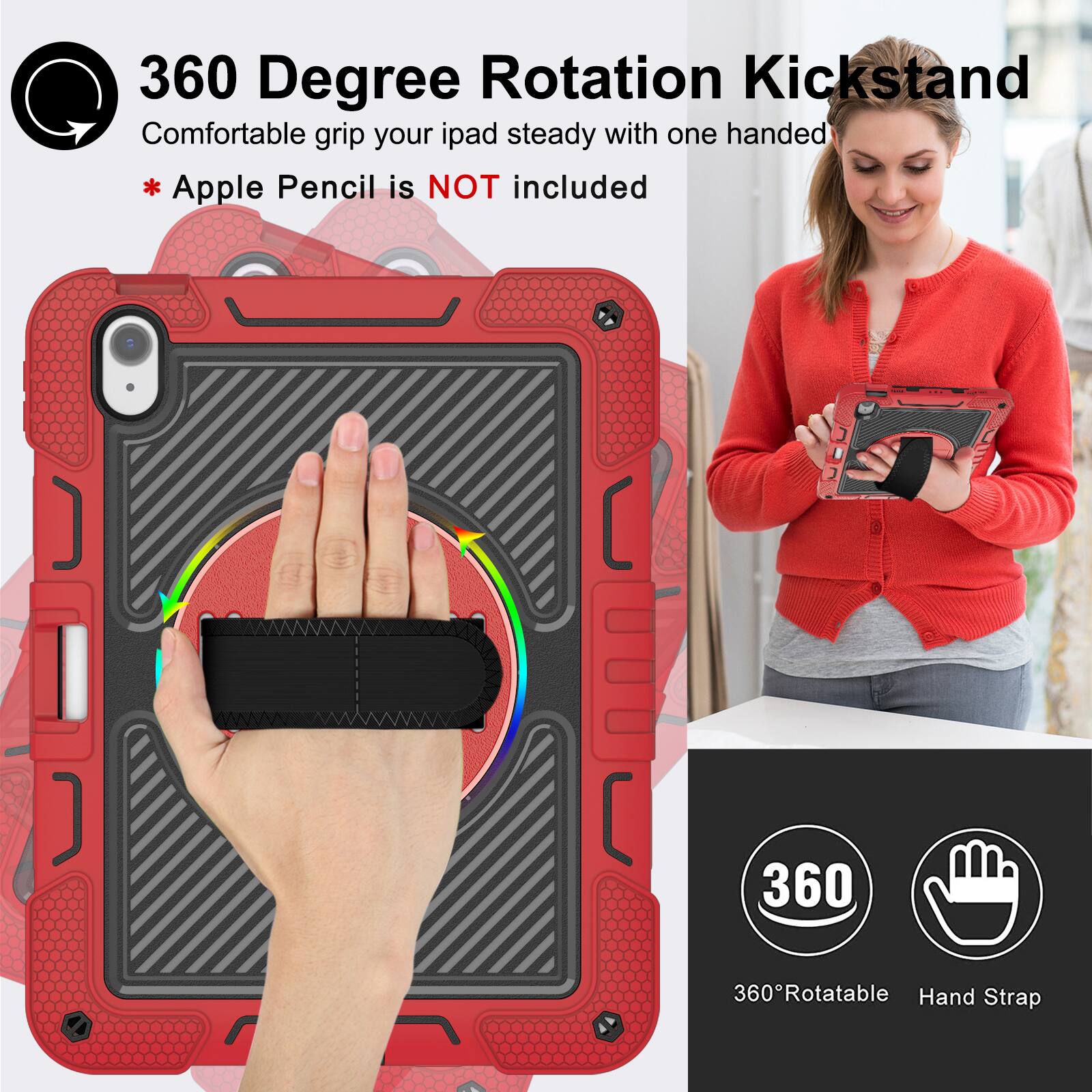 360 Degree Rotation Kickstand  
Comfortable grip your iPad steady with one handed  
* Apple Pencil is NOT included  

360° Rotatable  
Hand Strap