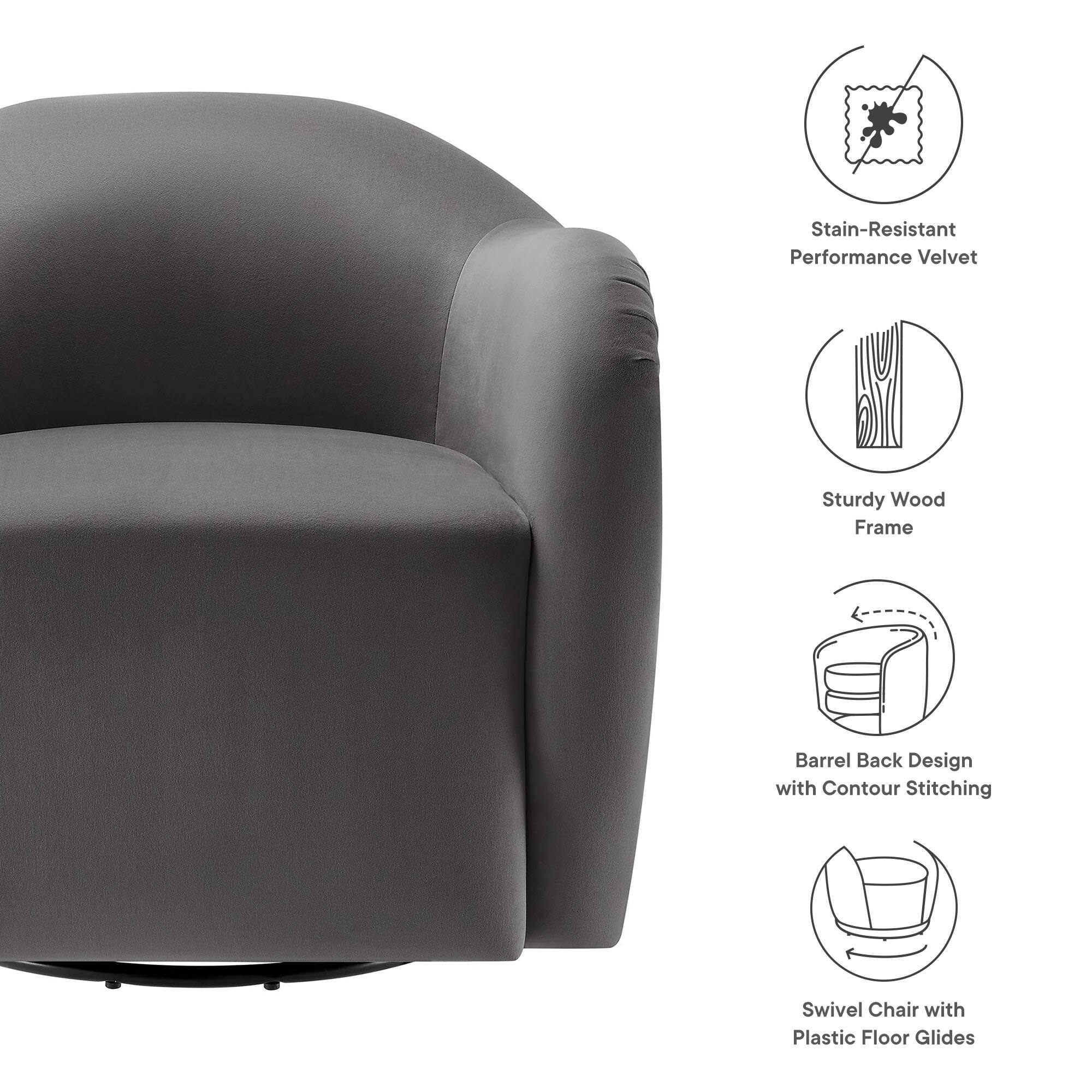 - Stain-Resistant Performance Velvet
- Sturdy Wood Frame
- Barrel Back Design with Contour Stitching
- Swivel Chair with Plastic Floor Glides