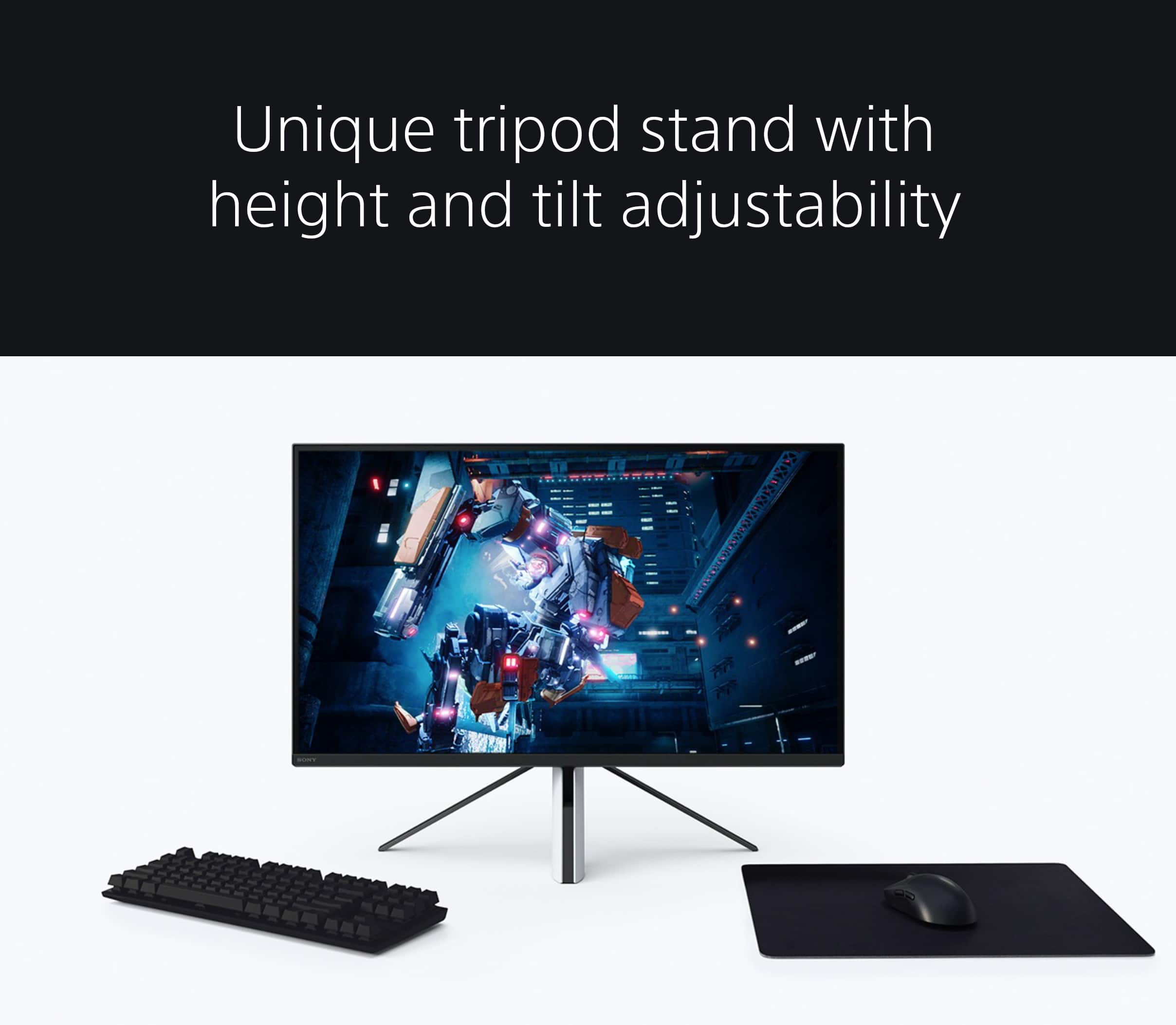 Unique tripod stand with height and tilt adjustability.