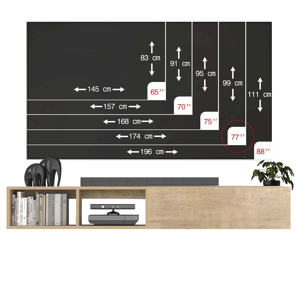 145 cm  
157 cm  
168 cm  
174 cm  
196 cm  

65"  
70"  
75"  
77"  
88"  

83 cm  
91 cm  
95 cm  
99 cm  
111 cm