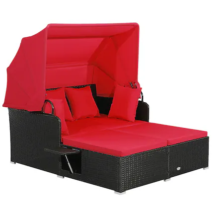 Front. Costway - Patio Rattan Daybed Lounge Retractable Top Canopy Side Tables Cushions - Red.