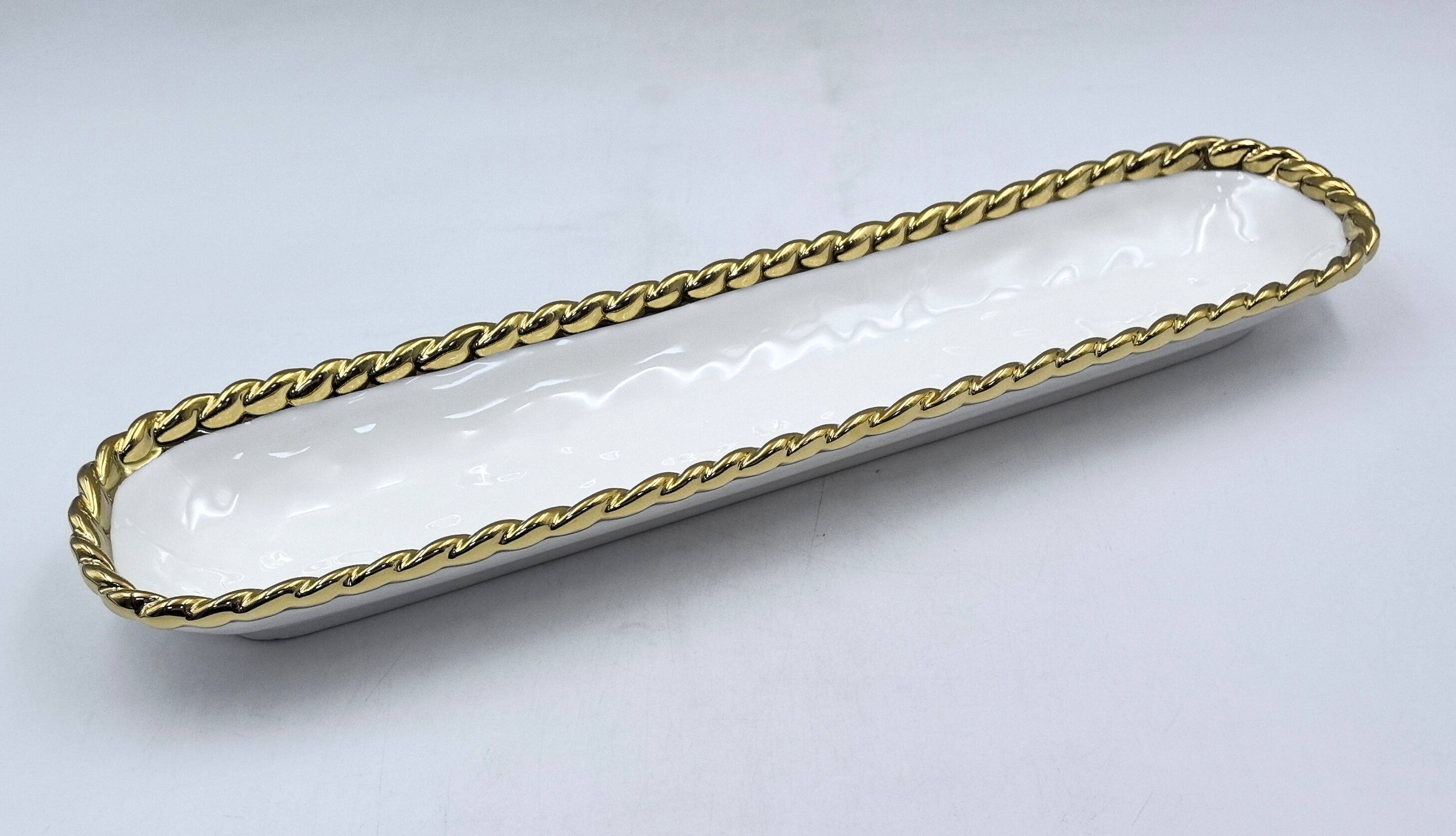 Jiallo - 14 inch Gold-Trimmed Porcelain Cracker & Appetizer Serving Tray - White & Gold