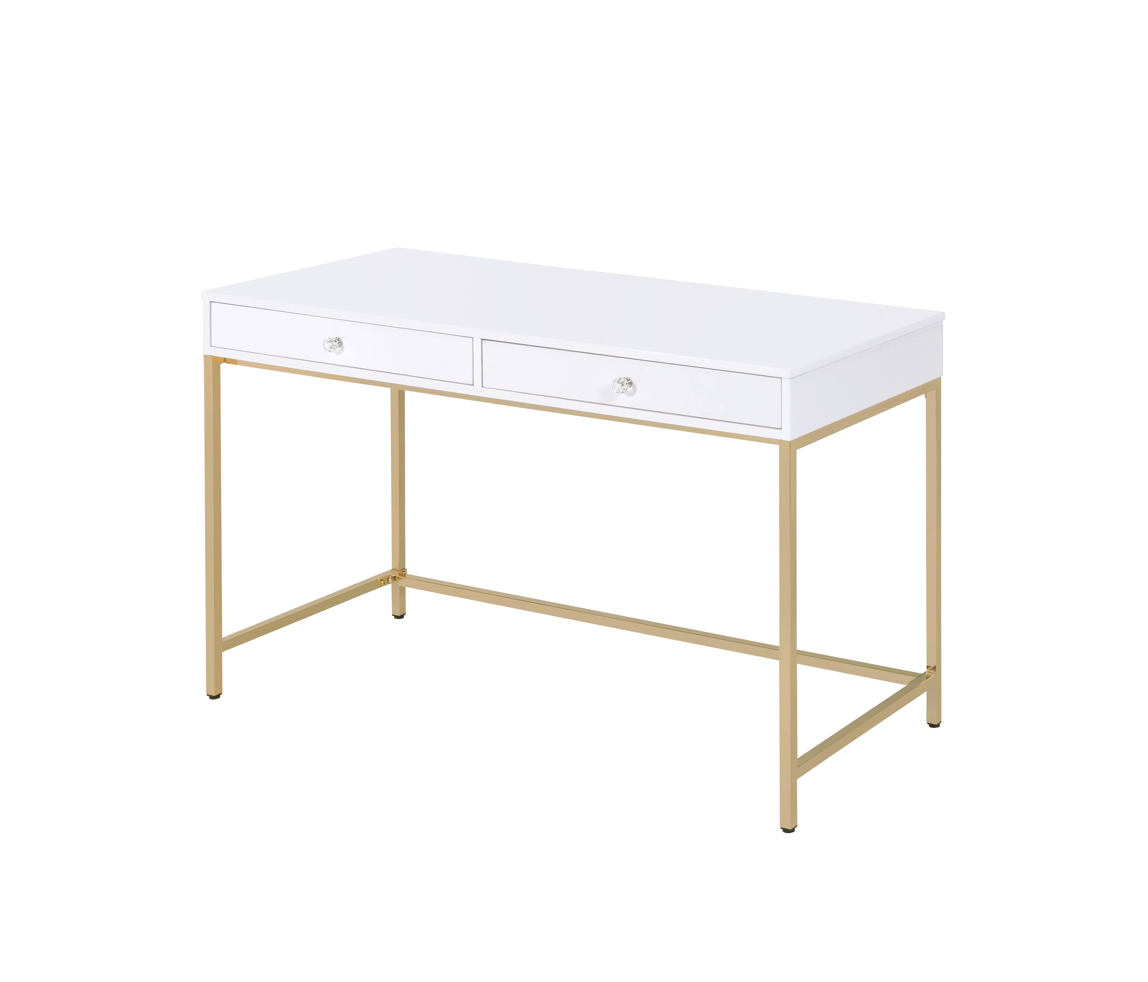 Front. TinyHomie - Ottey White High Gloss and Gold Finish Writing Desk - White.