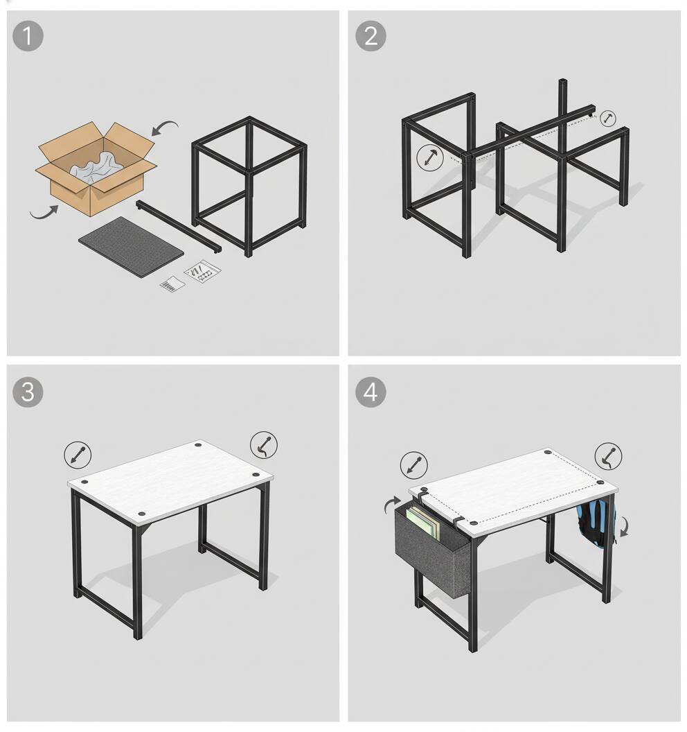 1. Unbox the components.
2. Assemble the frame.
3. Attach the tabletop.
4. Add the storage tray.