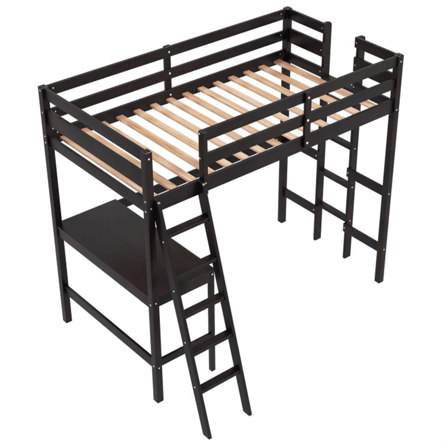 Pefilos - Loft Bed Twin Size, Solid Wood Loft Bed with Desk Angled and Built-in Ladder, Modern Wooden Playhouse Bed Frame - Brown