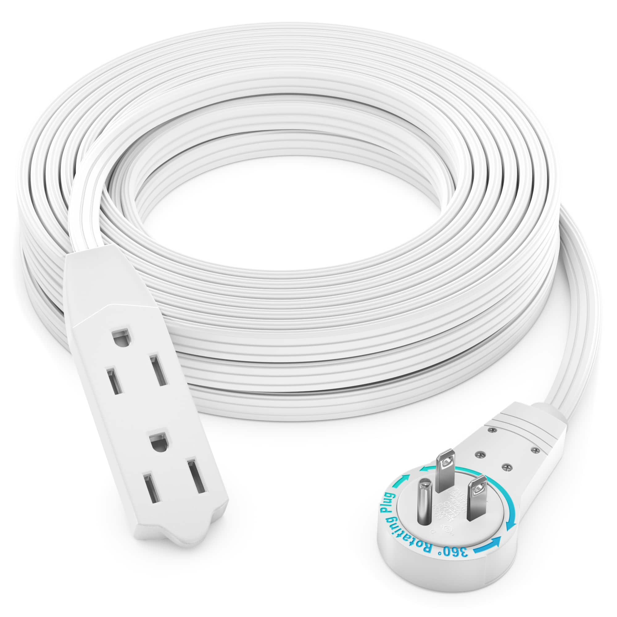 Maximm - 25 Ft 360° Rotating Flat Plug Extension Cord / Wire, 16 AWG Multi 3 Outlet, 3 Prong Grounded Wire - UL Certified - White