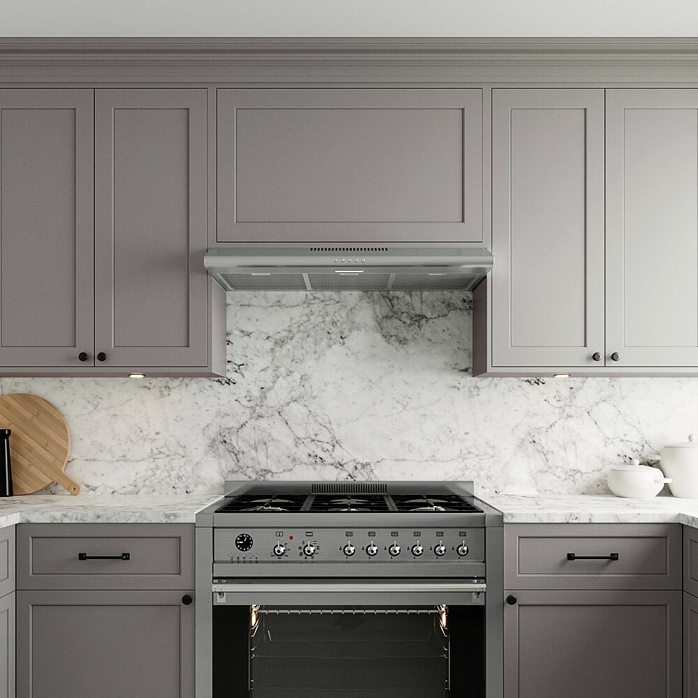 Left. Streamline - 36 in. Belluno Ductless Undermount 80 CFM Range Hood, Mesh Filters, Push Button Control, LED Light - Brushed Stainless Steel.