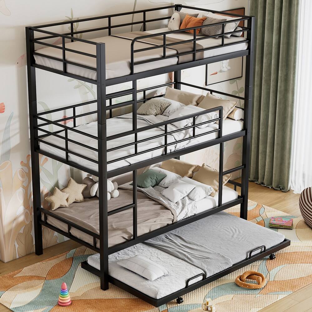 Left. Loheer - Loheer Metal Twin Size Triple Bunk Bed with Trundle Black Heavy Duty Steel 3 Tier Bunk Bed Space-Saving Design - Black.