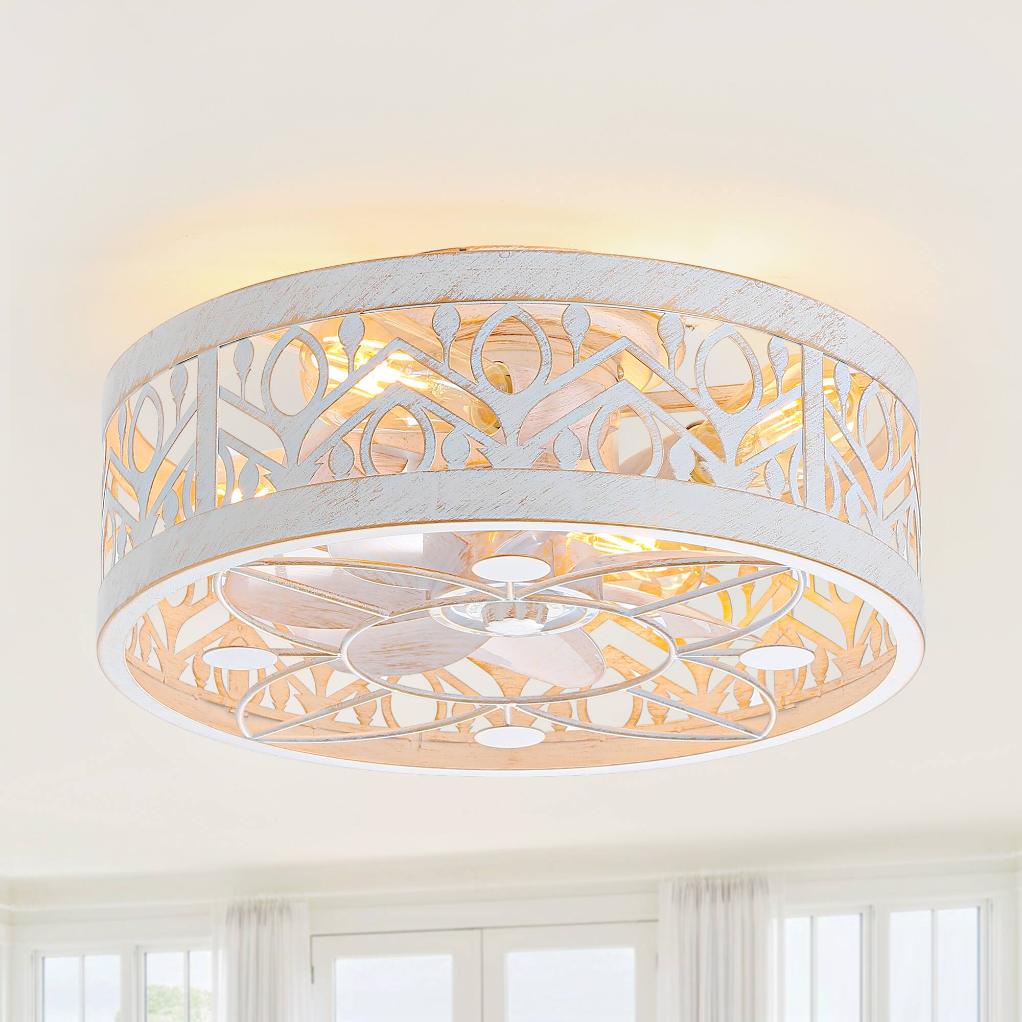 Front. Breezary - 16.5'' Indoor Caged Ceiling Fan with  7-Blade, Reversible DC Motor, 6-Speed Remote Control，1-8H Timer - Distressed White and Gold.