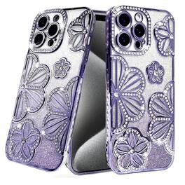 Kitcheniva - Floral 3D Rhinestone Glitter Protective Phone Case With 2 Tempered Glass For iPhone 15 Pro Max - Purple