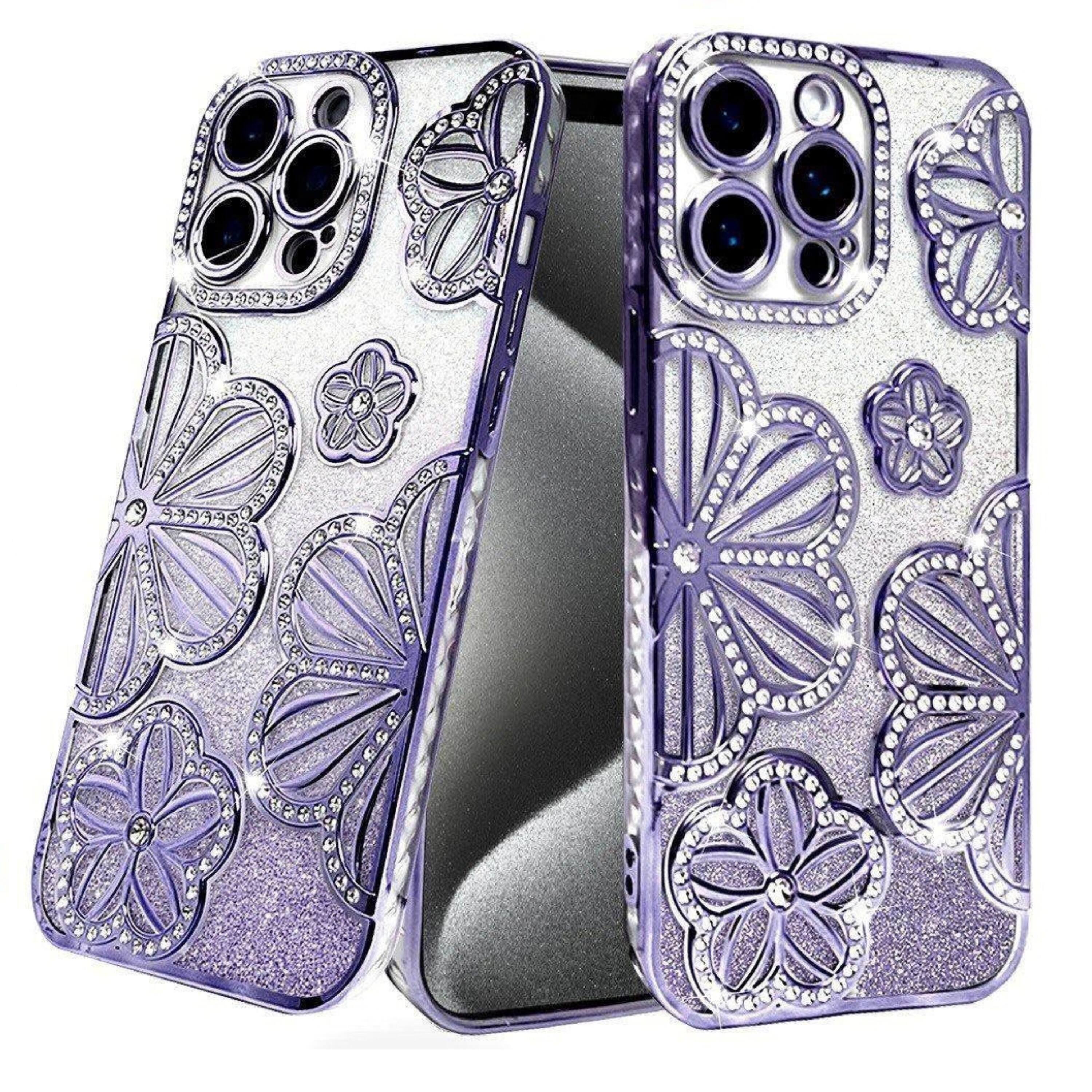 Kitcheniva - Floral 3D Rhinestone Glitter Protective Phone Case With 2 Tempered Glass For iPhone 15 Pro Max - Purple