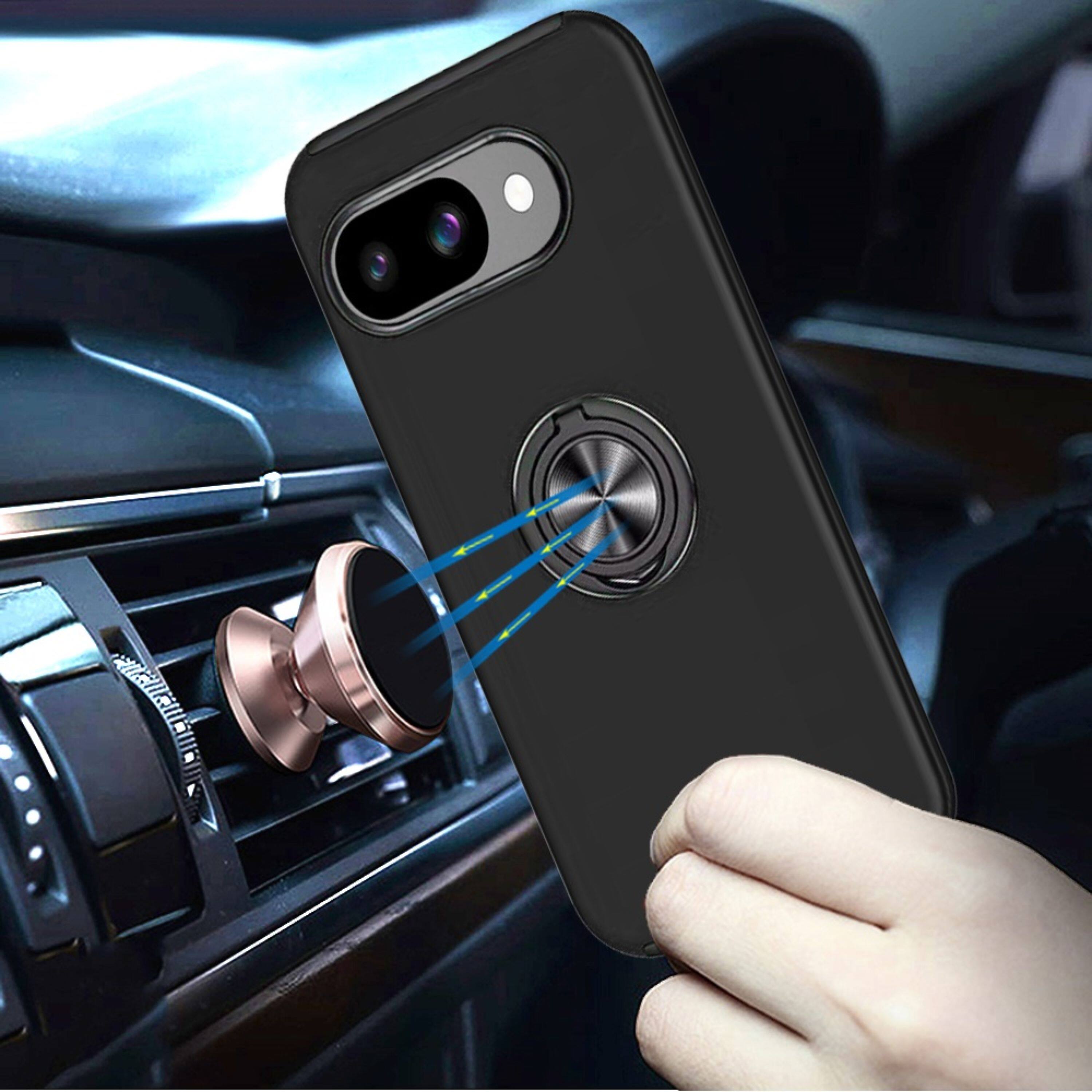 Left. Kitcheniva - Rubber Dual Layer Magnetic Ring Stand Phone Case With Tempered Glass For Google Pixel 9a Black - Black.