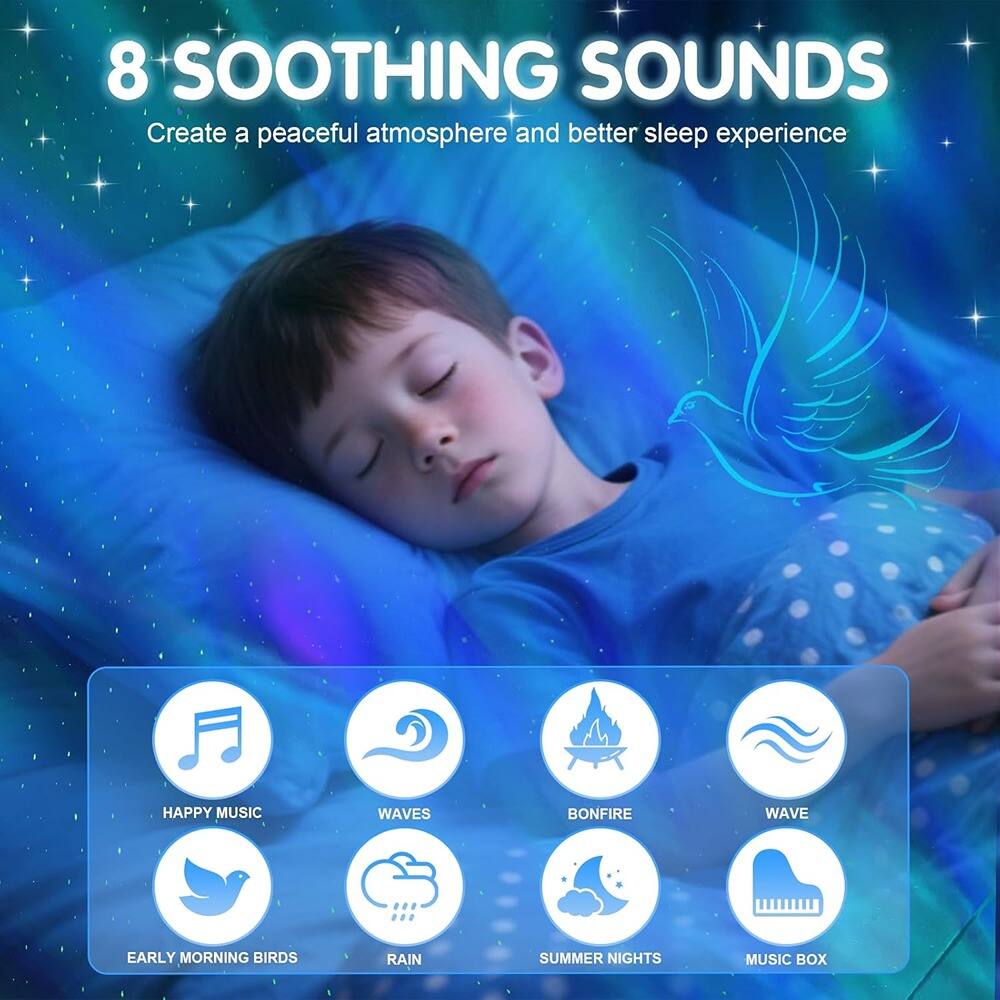 8 SOOTHING SOUNDS  
Create a peaceful atmosphere and better sleep experience  

- HAPPY MUSIC  
- WAVES  
- BONFIRE  
- WAVE  
- EARLY MORNING BIRDS  
- RAIN  
- SUMMER NIGHTS  
- MUSIC BOX