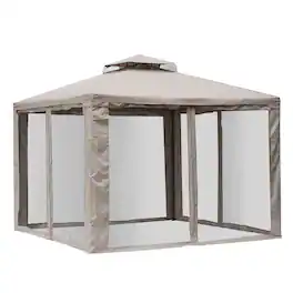 Outsunny - x 9.6' Patio Gazebo Outdoor Canopy Shelter with 2-Tier Roof and Netting - Taupe