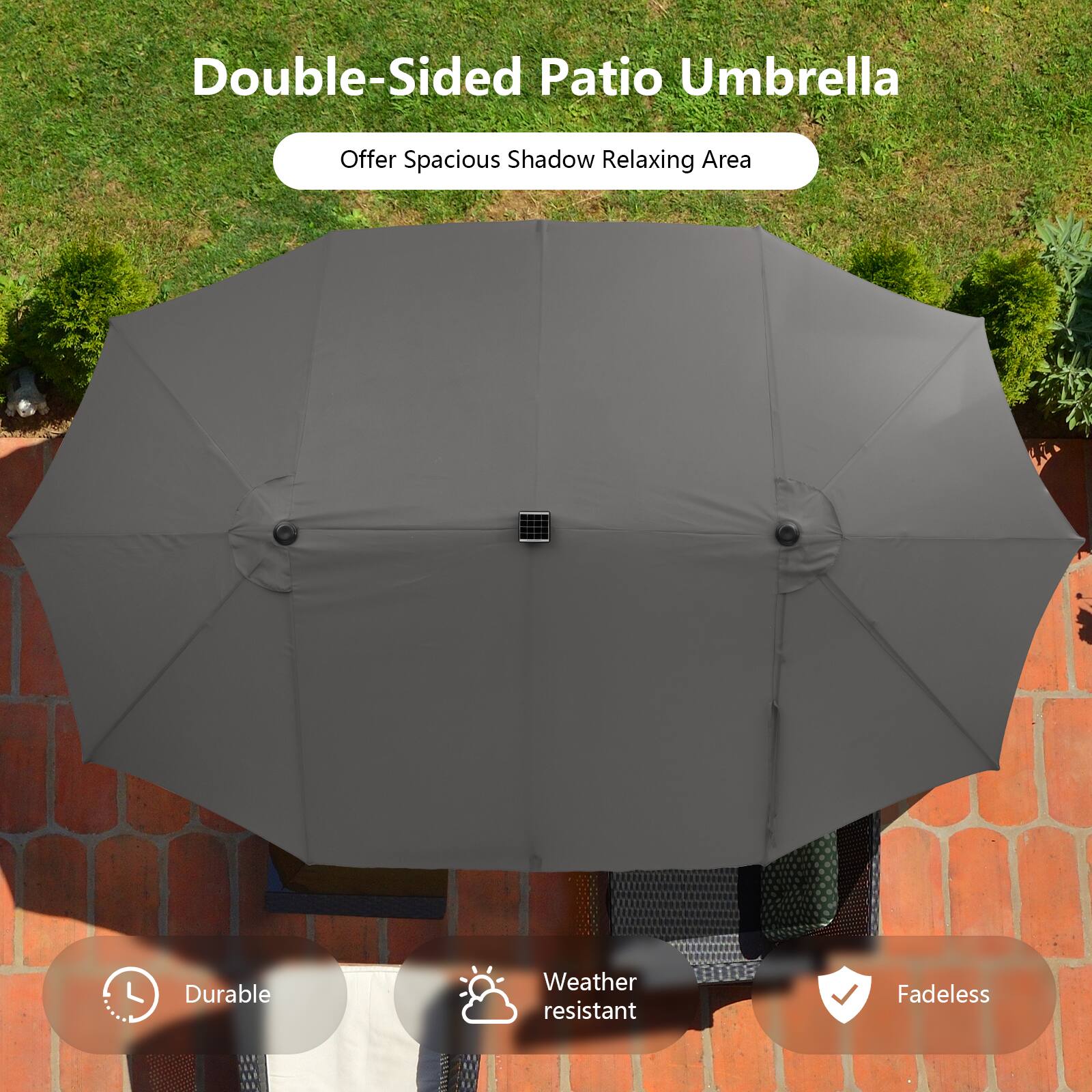 Double-Sided Patio Umbrella

Offer Spacious Shadow Relaxing Area

- Durable
- Weather resistant
- Fadeless
