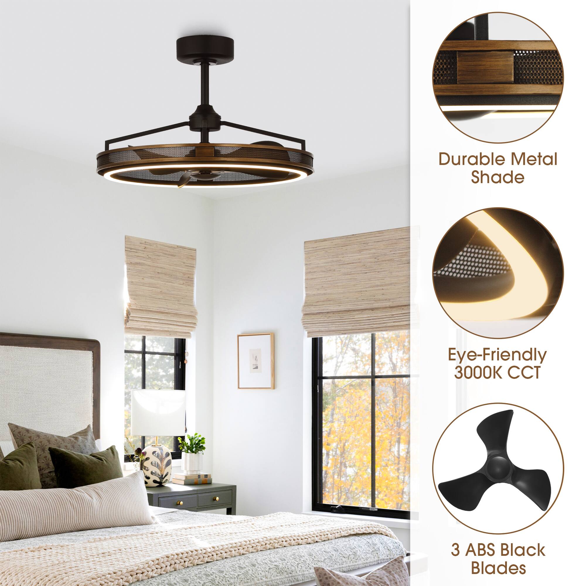 - Durable Metal Shade
- Eye-Friendly 3000K CCT
- 3 ABS Black Blades