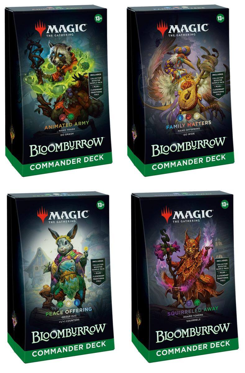 Wizards of The Coast - Magic: The Gathering Bloomburrow Commander Deck Bundle -(Animated Army, Family Matters, Peace Offering, Squirreled Away)