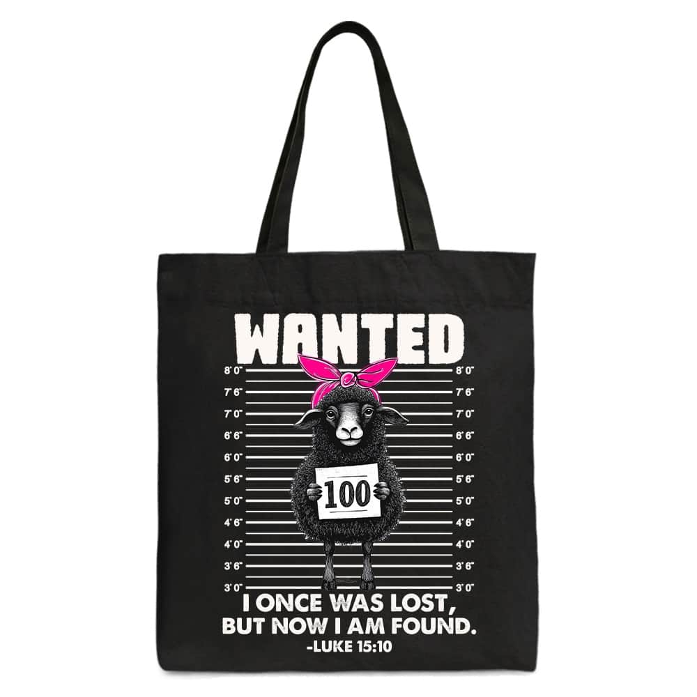 OrnamentallyYou - I Once Was Lost But Now I Am Found Luke 15:10 Christian Tote Bag, Wanted Sheep Gift Shopper - Black