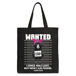 OrnamentallyYou - I Once Was Lost But Now I Am Found Luke 15:10 Christian Tote Bag, Wanted Sheep Gift Shopper - Black