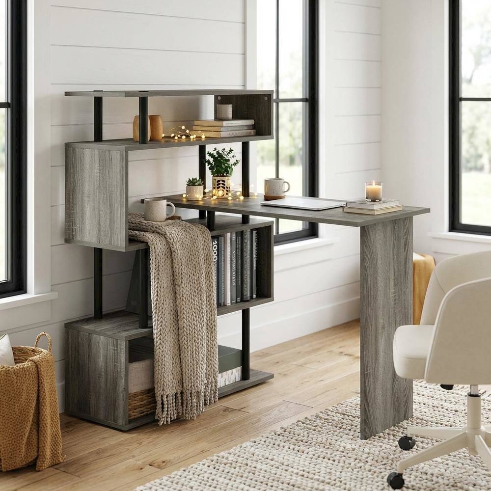 Left. BisonOffice - L-Shaped Computer Desk - 5-Tiers, French Oak, Black finish, sturdy workspace - French Oak/Black.