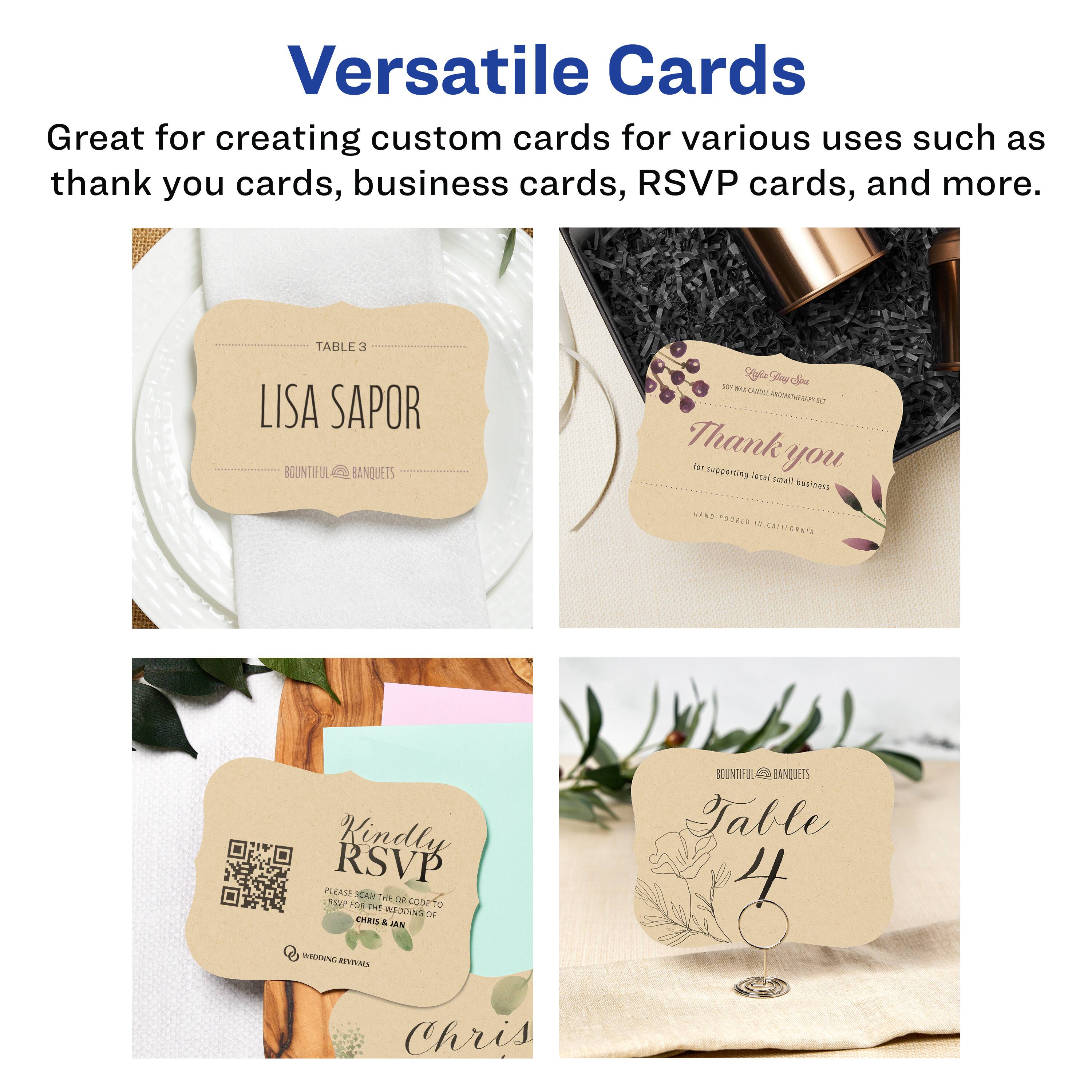 Versatile Cards

Great for creating custom cards for various uses such as thank you cards, business cards, RSVP cards, and more.

TABLE 3  
LISA SAPOR  
BOUNTIFUL BANQUETS

Thank you  
for supporting local small business  
HAND POURED IN CALIFORNIA

Kindly RSVP  
PLEASE SCAN THE QR CODE TO  
RSVP FOR THE WEDDING OF  
CHRIS & JAN  
WEDDING REVIVALS

Table 4  
BOUNTIFUL BANQUETS