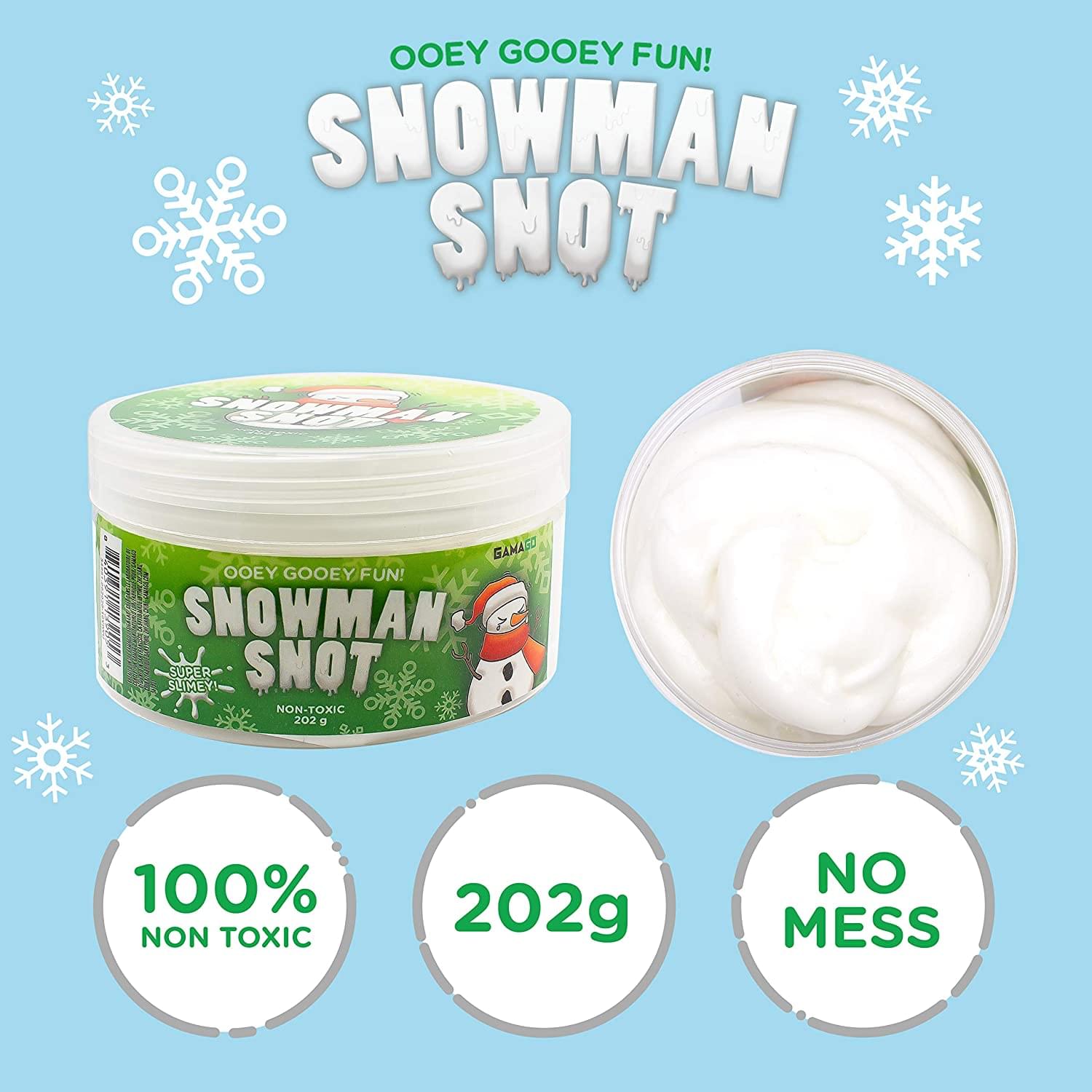 Ooey Gooey Fun! Snowman Snot  
Snowman Snot  
Super Snot  
Non-Toxic  
202g  
100% Non-Toxic  
No Mess