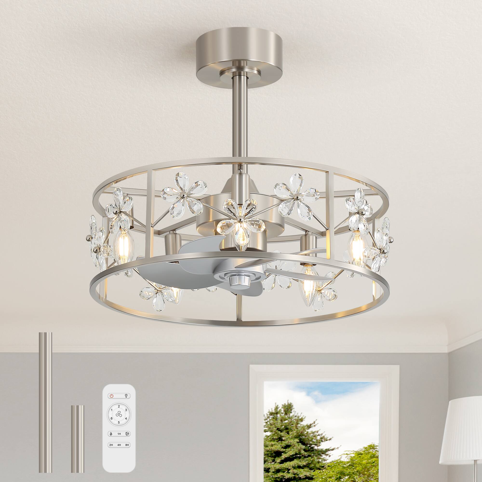 Alt View 10. Breezary - 20-Inch Crystal Cage Ceiling Fan with 5-Light Fixture, ABS Blades, Tilt-Mount Downrod, DC Motor and Remote Control - Satin Nickel and Silver.