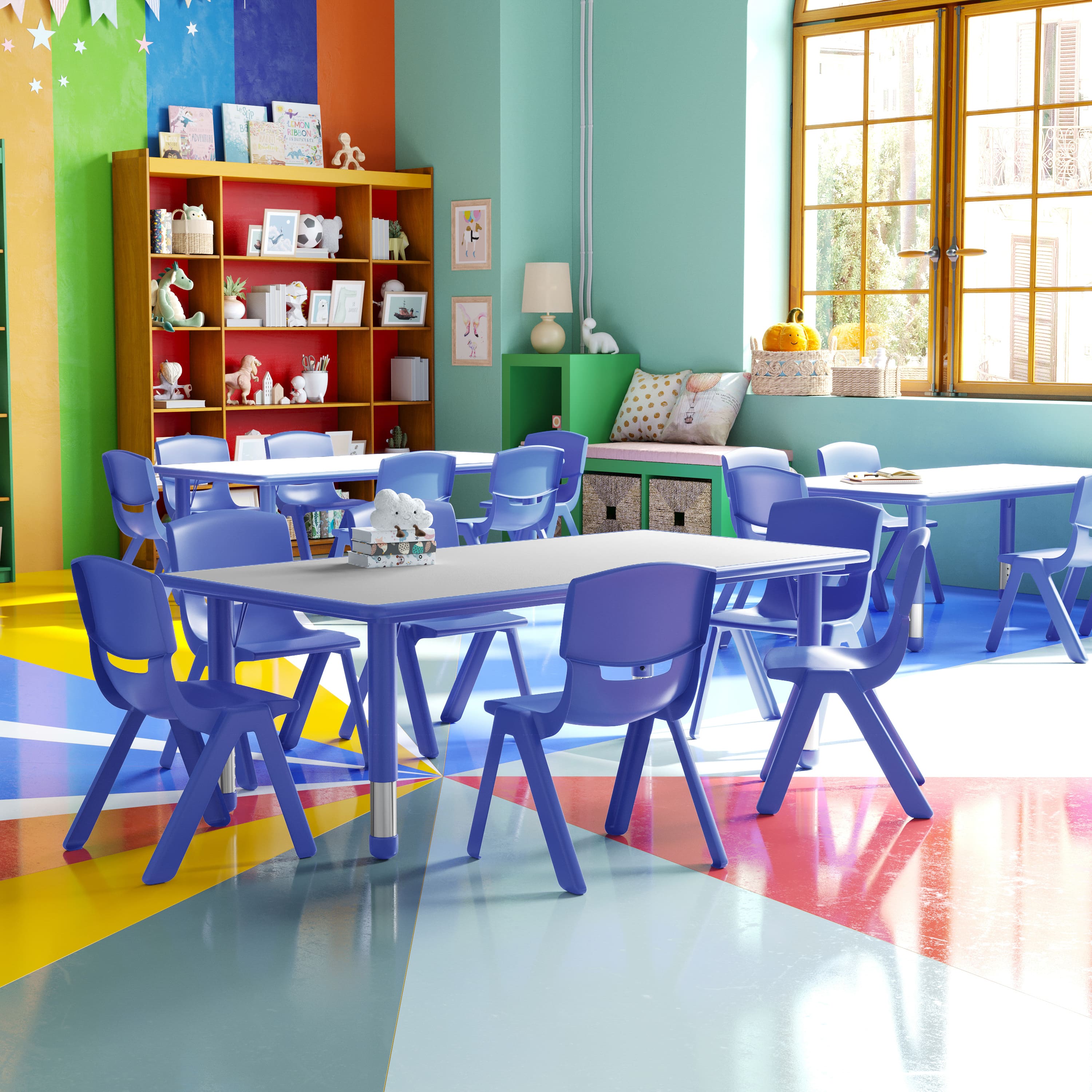 "Emma + Oliver - 23.625""W x 47.25""L Rectangular Plastic Height Adjustable Activity Table Set with 6 Chairs - Blue" price history on PriceWatchPro