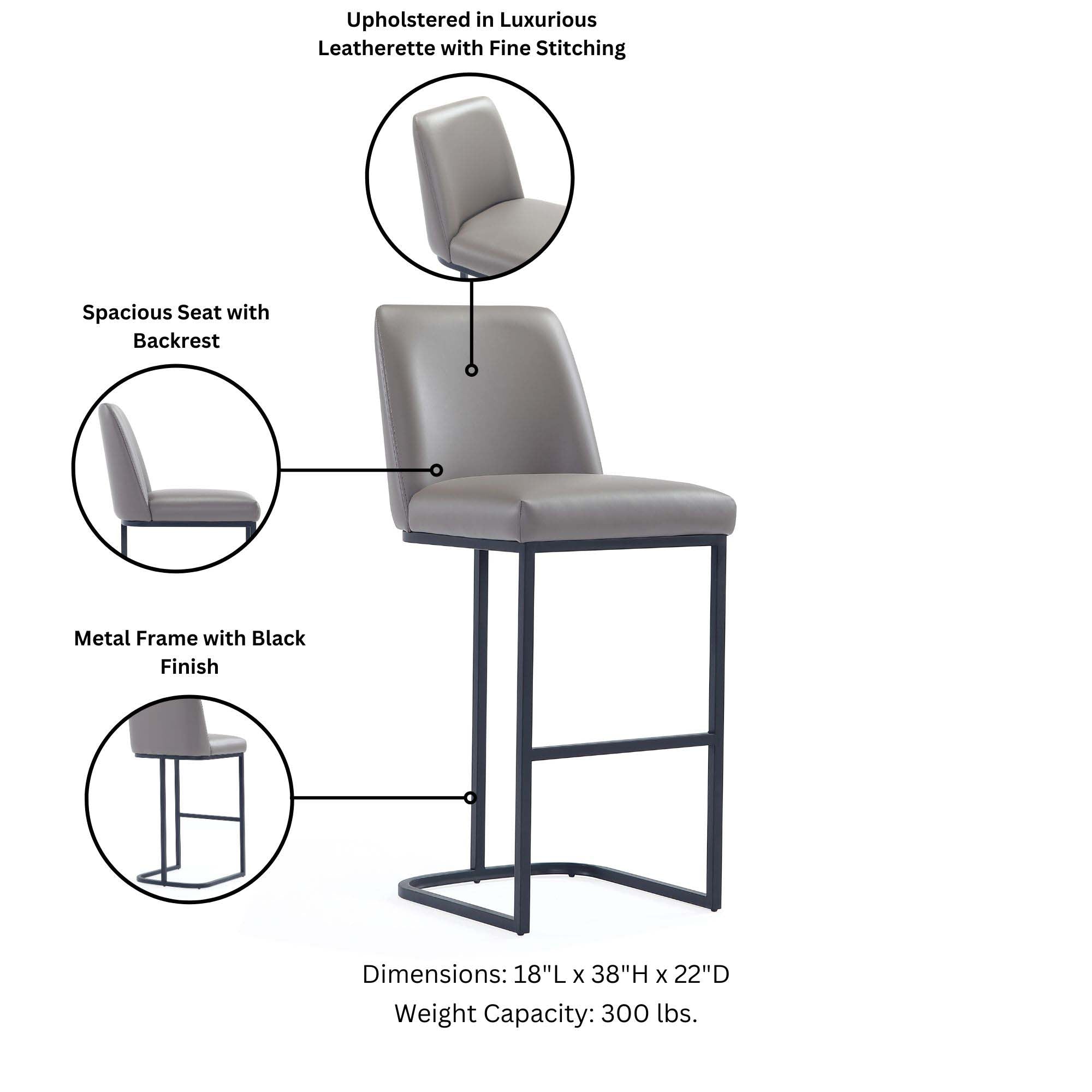 Upholstered in Luxurious Leatherette with Fine Stitching  
Spacious Seat with Backrest  
Metal Frame with Black Finish  
Dimensions: 18"L x 38"H x 22"D  
Weight Capacity: 300 lbs.