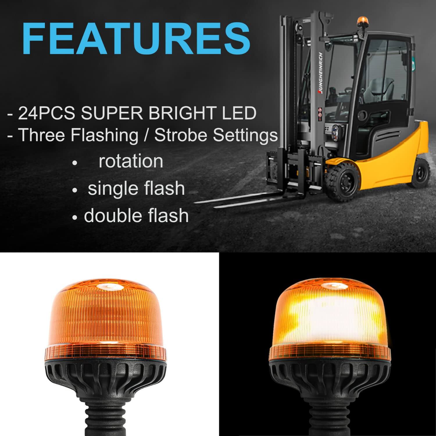 FEATURES

- 24PCS SUPER BRIGHT LED
- Three Flashing / Strobe Settings
  - rotation
  - single flash
  - double flash