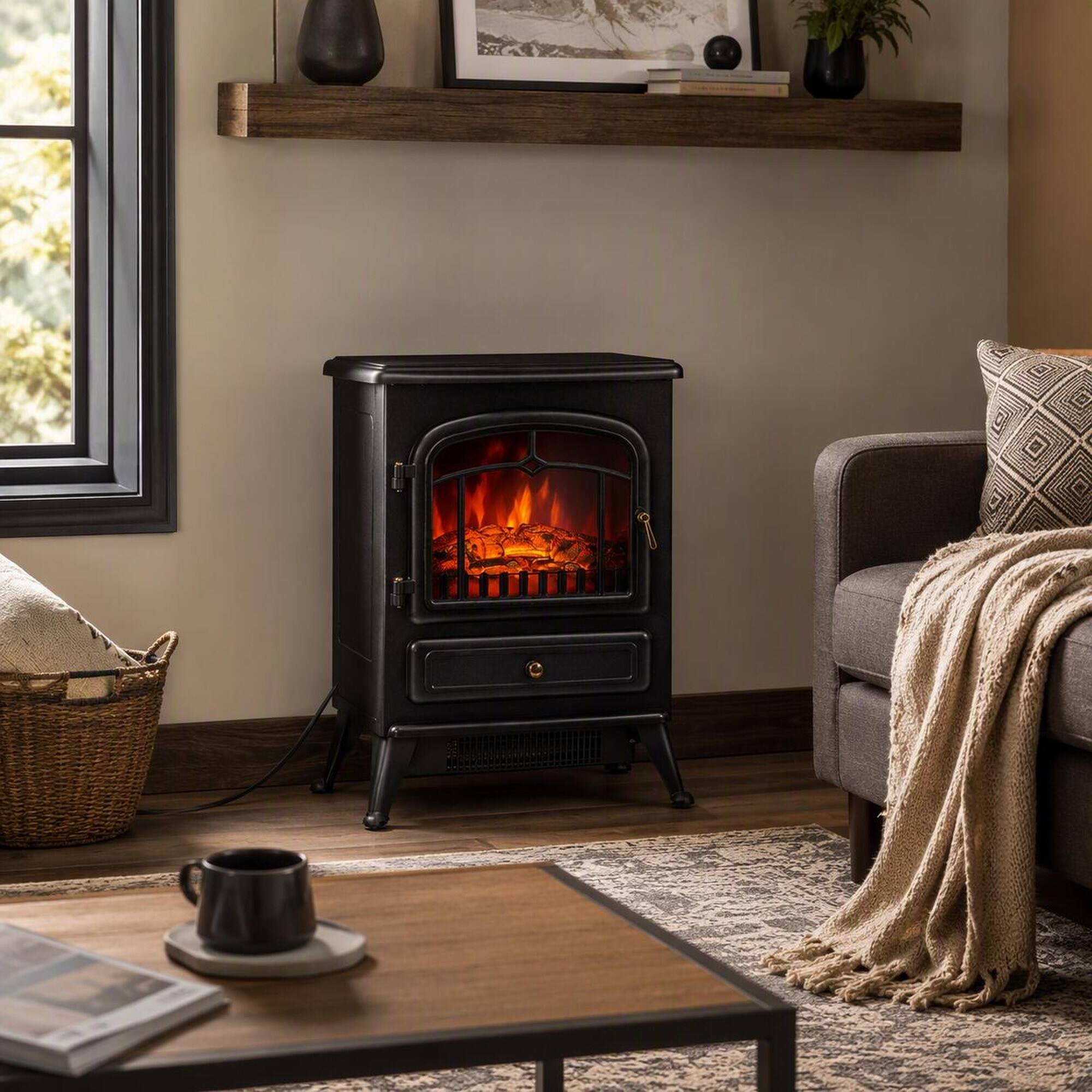 Back. RYHNUYNE - Freestanding Electric Fireplace Stove Heater, Realistic Flame Effect For Cozy Living Room Bedroom Home Warmth - Black.