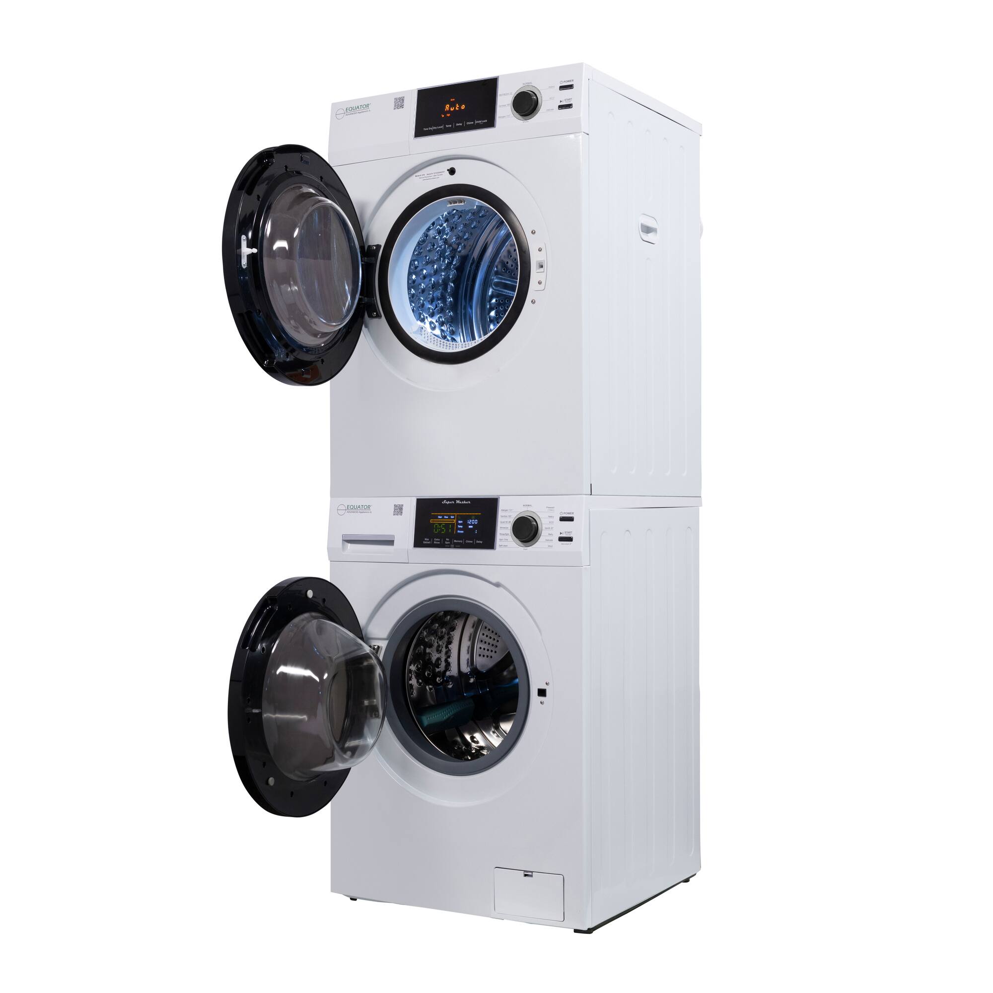 The text on the image appears to be a mix of letters and symbols that are not clearly readable. However, based on the context of the image showing a stacked washer and dryer, here is a possible interpretation and correction:

- "OAE Rula" could be "OAE Rula" (unclear, possibly a brand or model name).
- "CORIE ee" could be "CORIE ee" (unclear, possibly a model or feature).
- "S4" could be "S4" (possibly a model number or feature).
- "D FANPS" could be "D FANPS" (unclear, possibly a feature or model name).
- "1.." could be "1.." (unclear, possibly a number or part of a model name).

Given the context, it's likely that these are parts of model names or features, but without clearer text, it's difficult to provide an accurate correction. The image itself does not provide enough clear text to group or correct definitively.