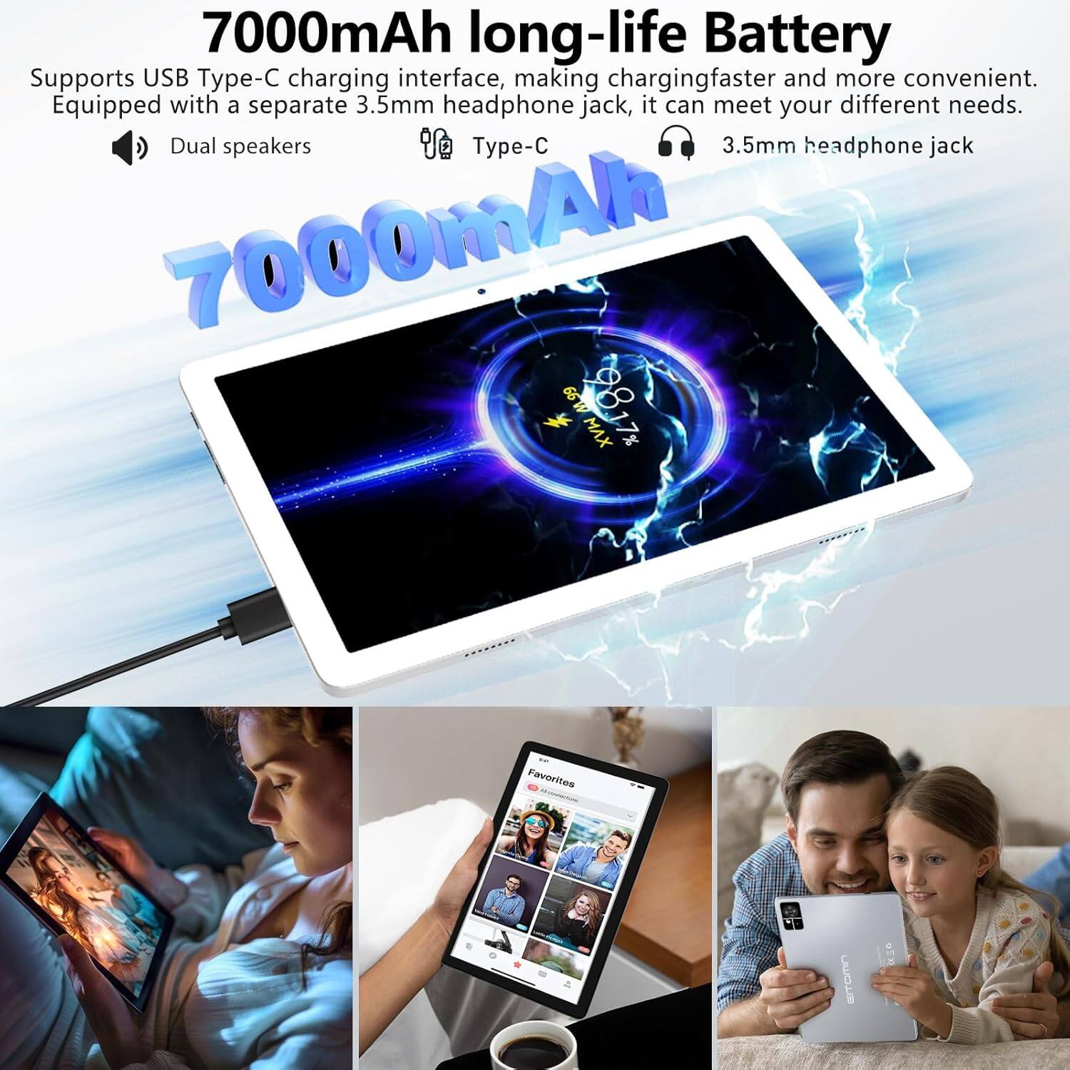 7000mAh long-life Battery  
Supports USB Type-C charging interface, making charging faster and more convenient.  
Equipped with a separate 3.5mm headphone jack, it can meet your different needs.  
Dual speakers  
Type-C  
3.5mm headphone jack  
7000mAh  
41.99  
98 MAX Favorites @TOmn