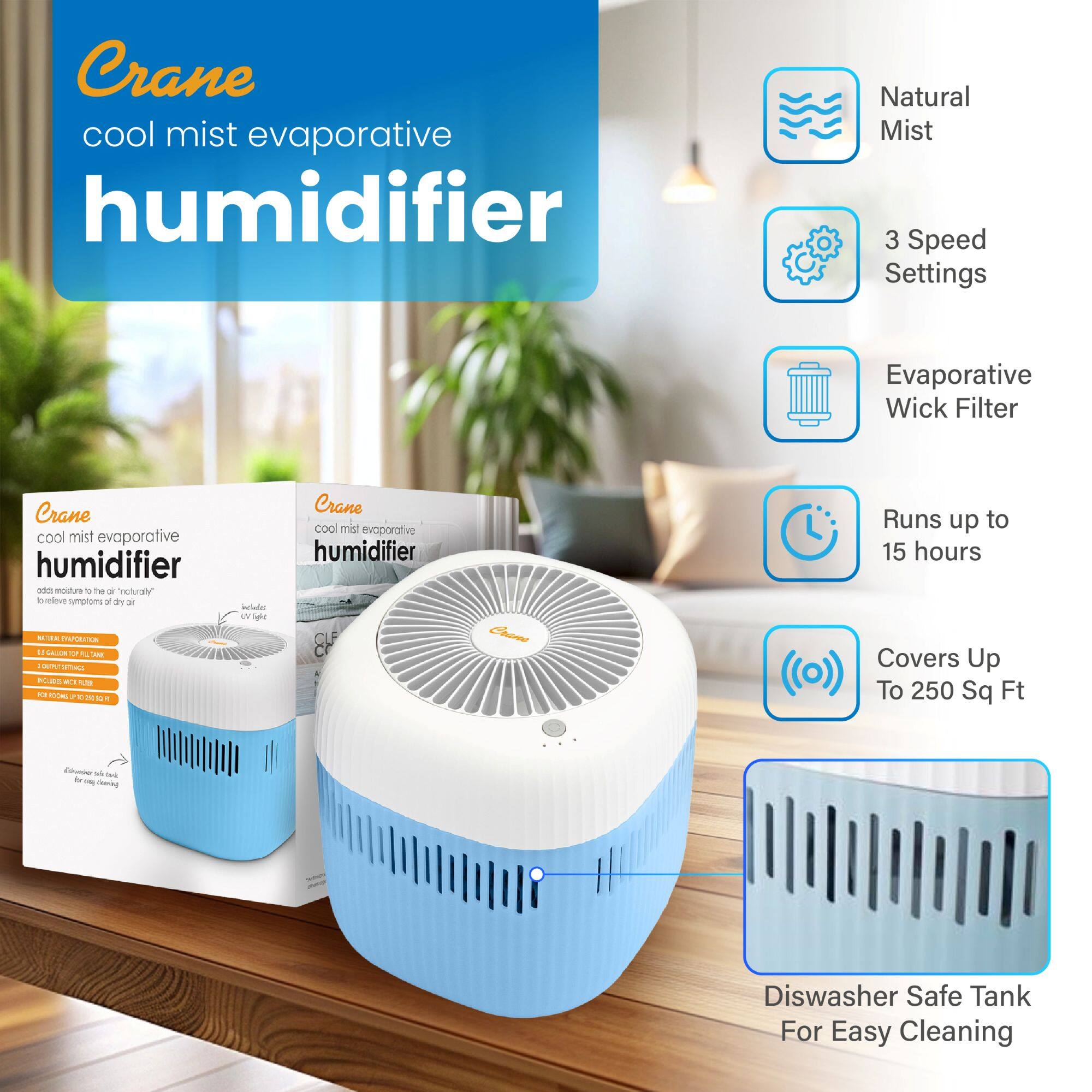 CRANE Cool Mist Evaporative Humidifier, 0.5 Gal Top Fill EE-5403