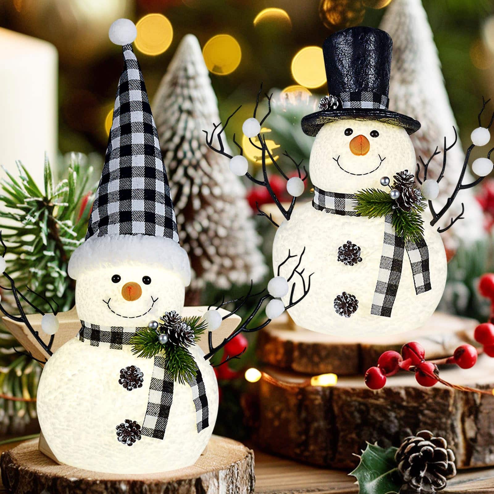 Refined Abode Design - Christmas Table Decorations ighted Plush Snowmen Trees Pine Cone Twigs Light Snowman Holiday Present Operated - Black, White