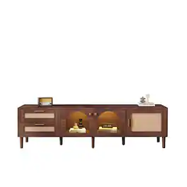 Ecooso - Rattan TV Stand with 3 Cabinets & 2 Drawers, TVs up to 80'', LED Light, Entertainment Center, TV cabinet for Living room - Dark Brown