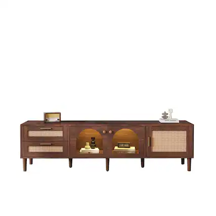 Front. Ecooso - Rattan TV Stand with 3 Cabinets & 2 Drawers, TVs up to 80'', LED Light, Entertainment Center, TV cabinet for Living room - Dark Brown.