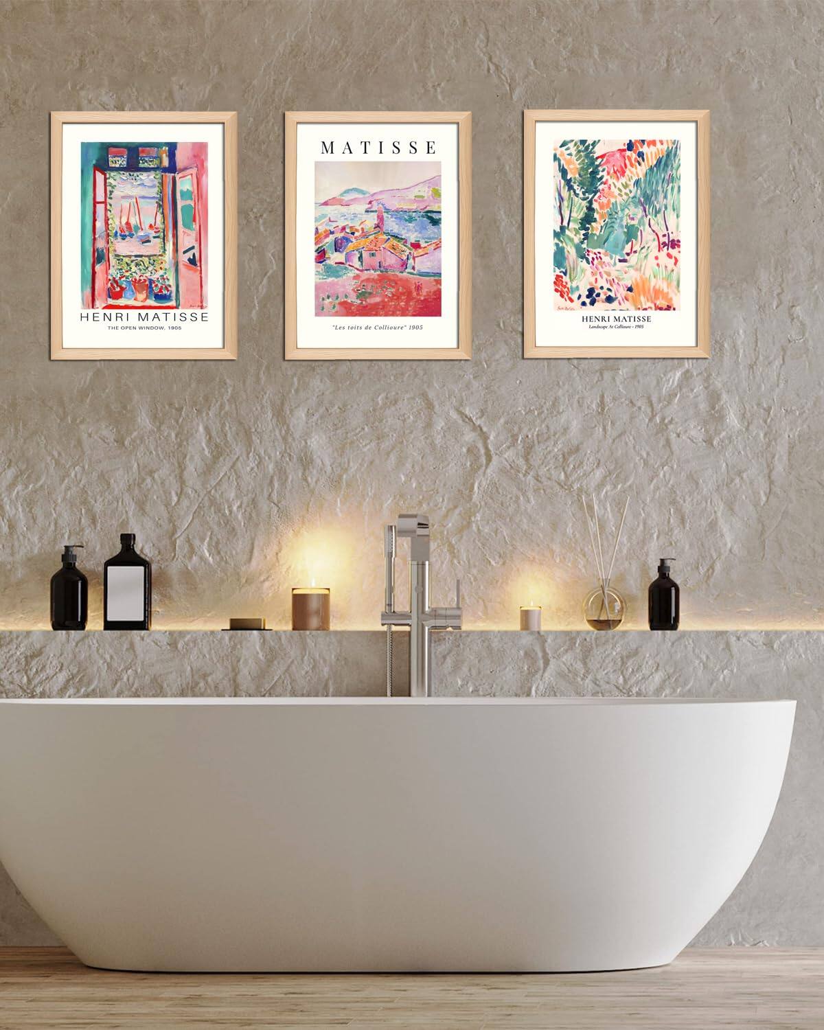 Sure, here is the corrected and grouped text from the image:

---

**Left Frame:**
- HENRI MATISSE
- THE OPEN WINDOW, 1905

**Middle Frame:**
- MATISSE
- "Les toits de Collioure"
- 1905

**Right Frame:**
- HENRI MATISSE
- Landscape à Collioure, 1905

---