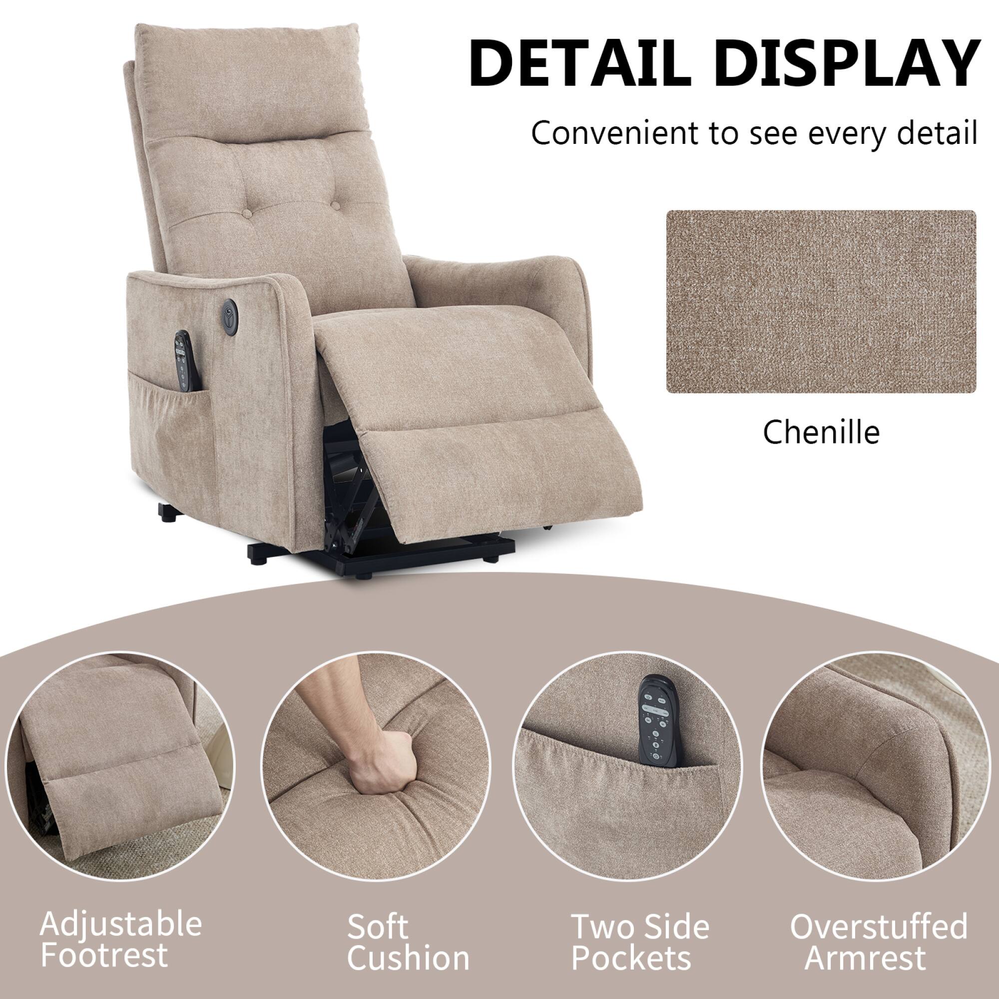DETAIL DISPLAY  
Convenient to see every detail  

Chenille  

Adjustable Footrest  
Soft Cushion  
Two Side Pockets  
Overstuffed Armrest