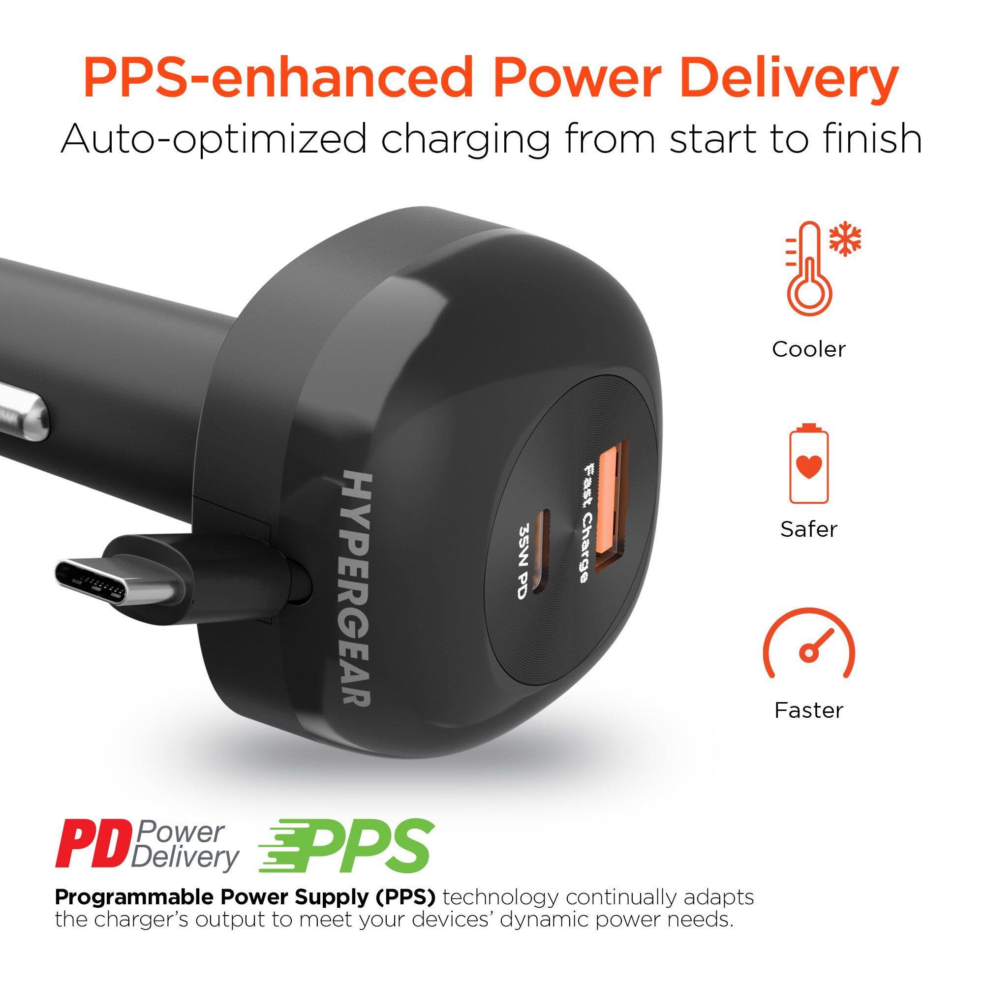 PPS-enhanced Power Delivery  
Auto-optimized charging from start to finish  

Cooler  
Safer  
Faster  

35W Charge  

HYPERGEAR PD  

PD Power Delivery  
EPPS Programmable Power Supply (PPS) technology continually adapts the charger's output to meet your devices' dynamic power needs.