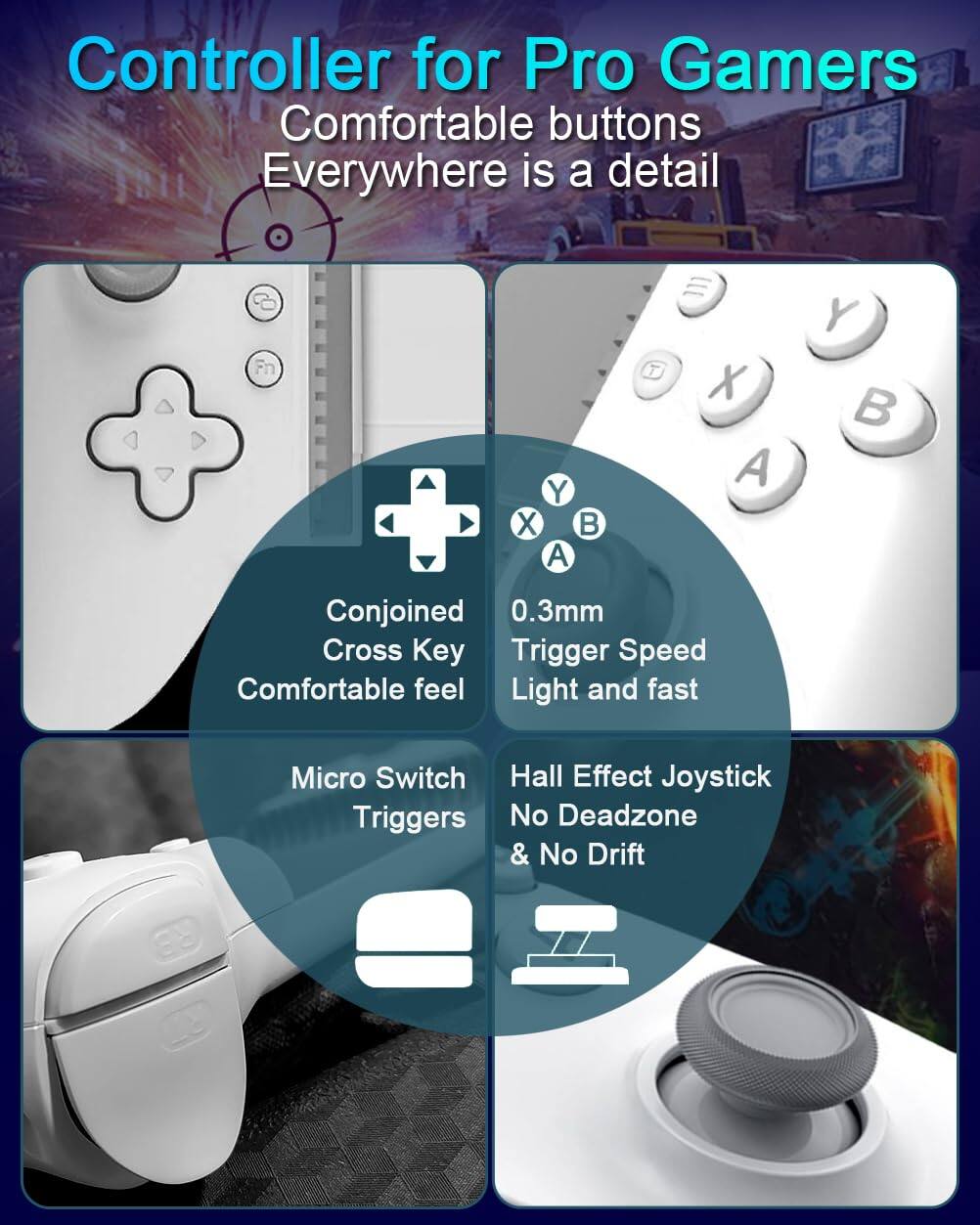 Controller for Pro Gamers  
Comfortable buttons  
Everywhere is a detail  

- Conjoined Cross Key  
  Comfortable feel  

- 0.3mm Trigger Speed  
  Light and fast  

- Micro Switch Triggers  

- Hall Effect Joystick  
  No Deadzone & No Drift